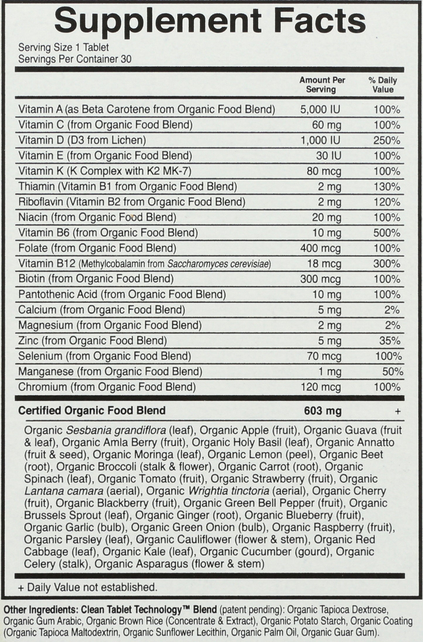 Garden of Life MyKind Organics Men's Multi 30 Vegan Tablets Back of Box