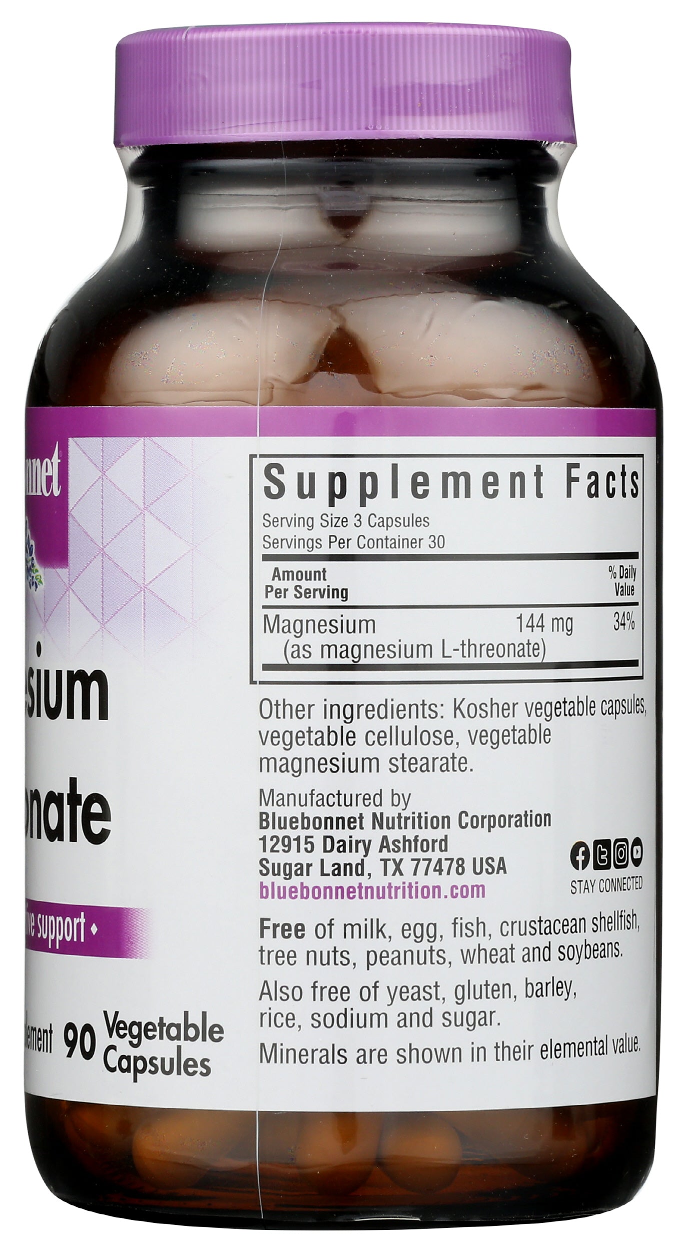 Bluebonnet Magnesium L-Threonate 90 Vegetable Capsules Back of Bottle