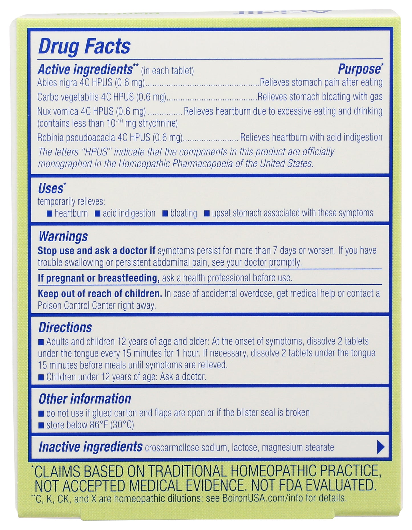 Boiron Acidil 60 Tablets Back