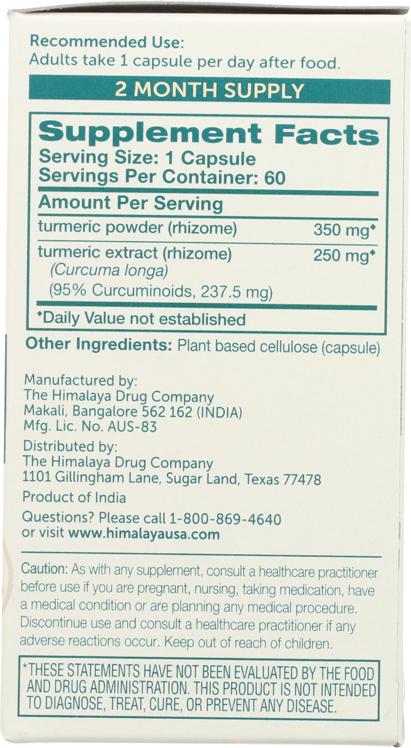 Himalaya Turmeric 95 with Curcumin 60 Vegetarian Capsules Back of Box