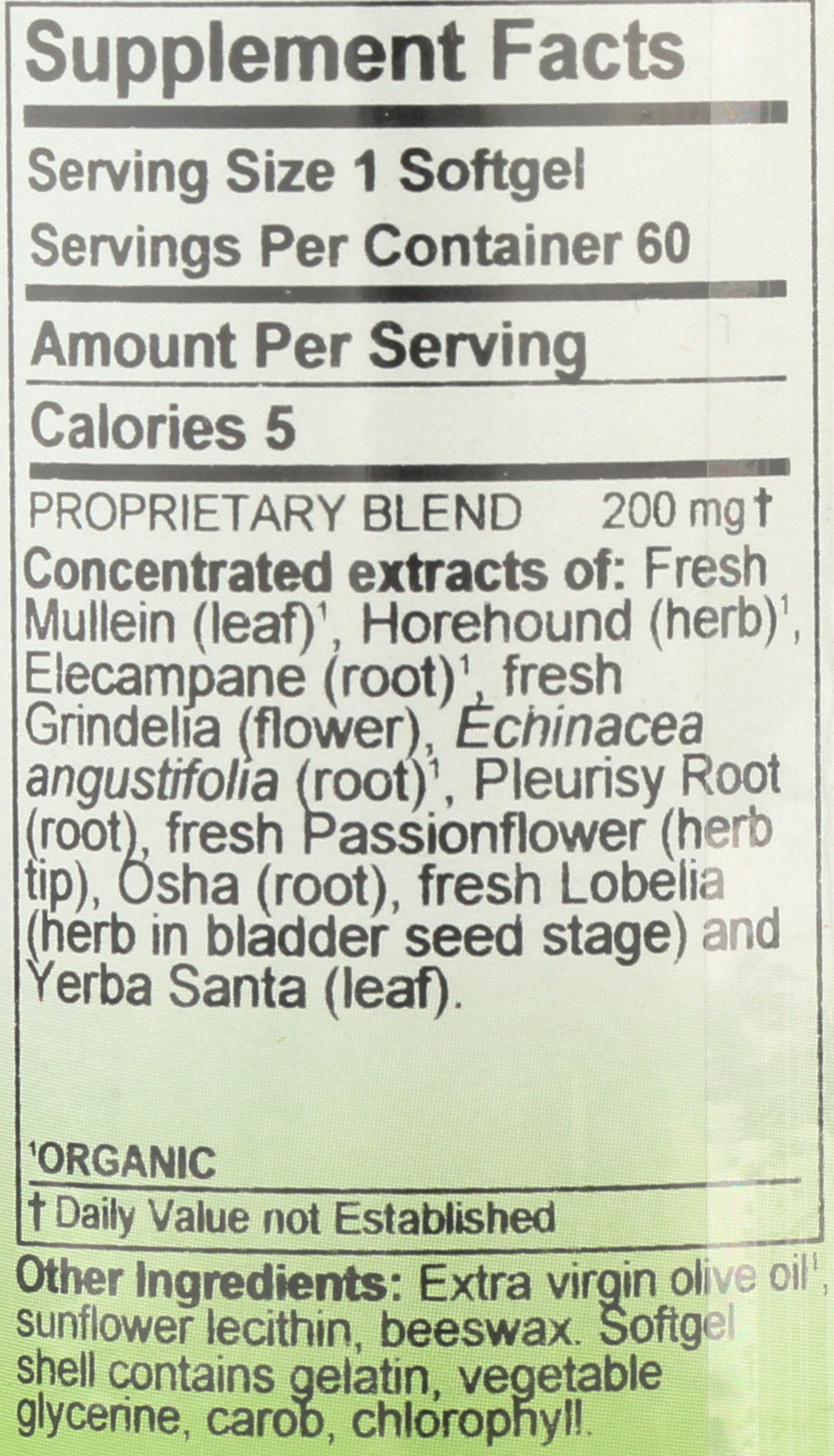 Herbs Etc. Lung Tonic 60 Softgels Back of Bottle