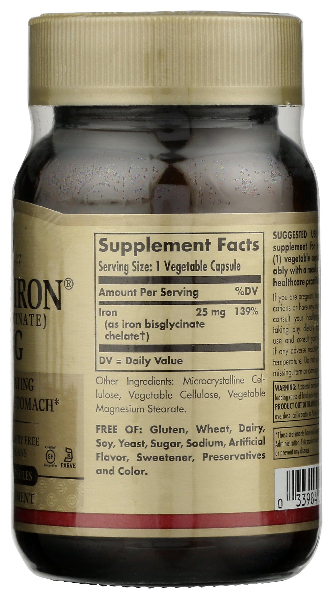 Solgar Gentle Iron 25mg 90 Vegetable Capsules Back of Bottle