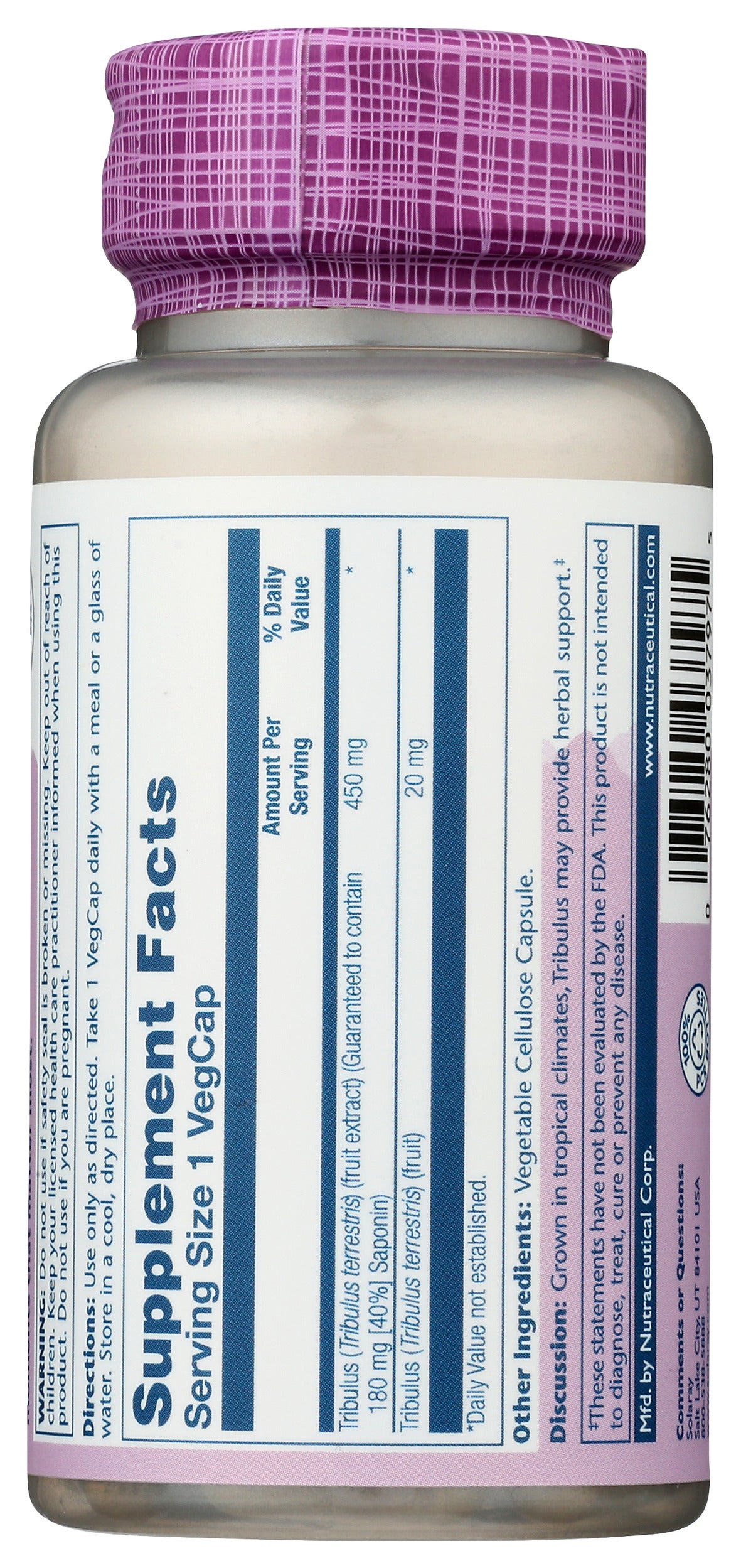 Solaray Tribulus Fruit Extract 450mg 60 VegCaps Back of Bottle