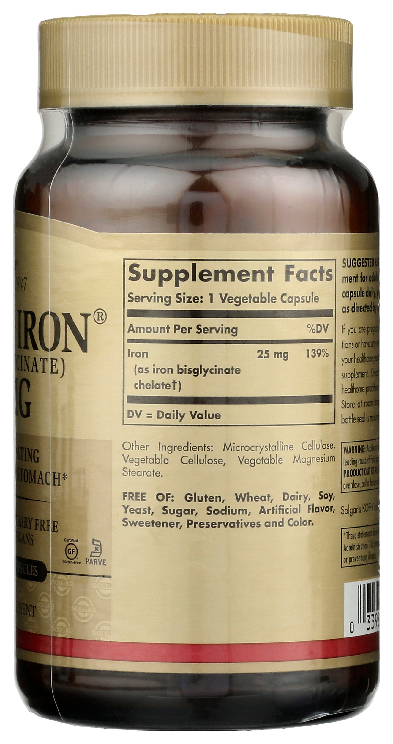 Solgar Gentle Iron 25mg 180 Vegetable Capsules Back of Bottle
