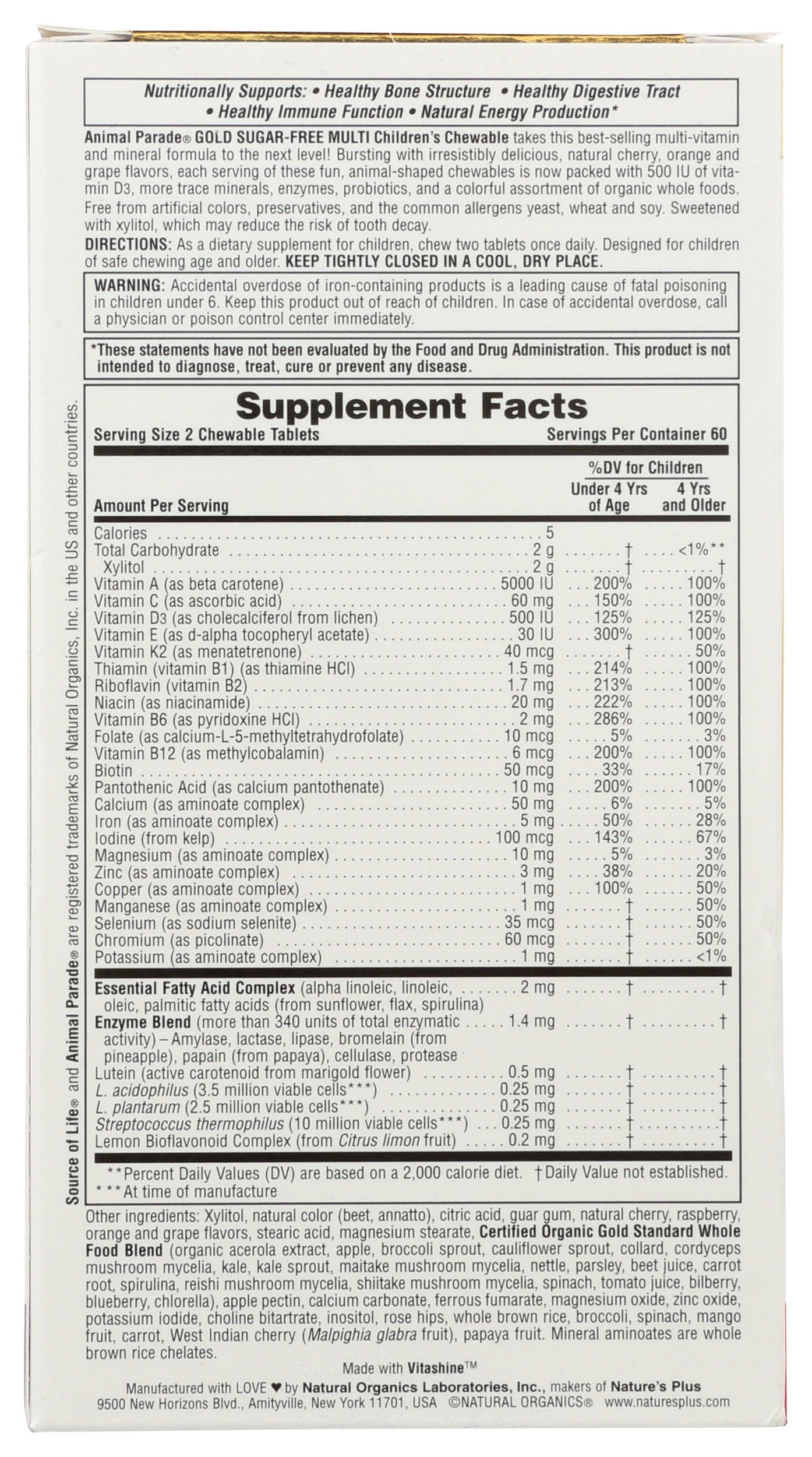 NaturesPlus Animal Parade Gold Multivitamin 120 Chewable Tablets Back