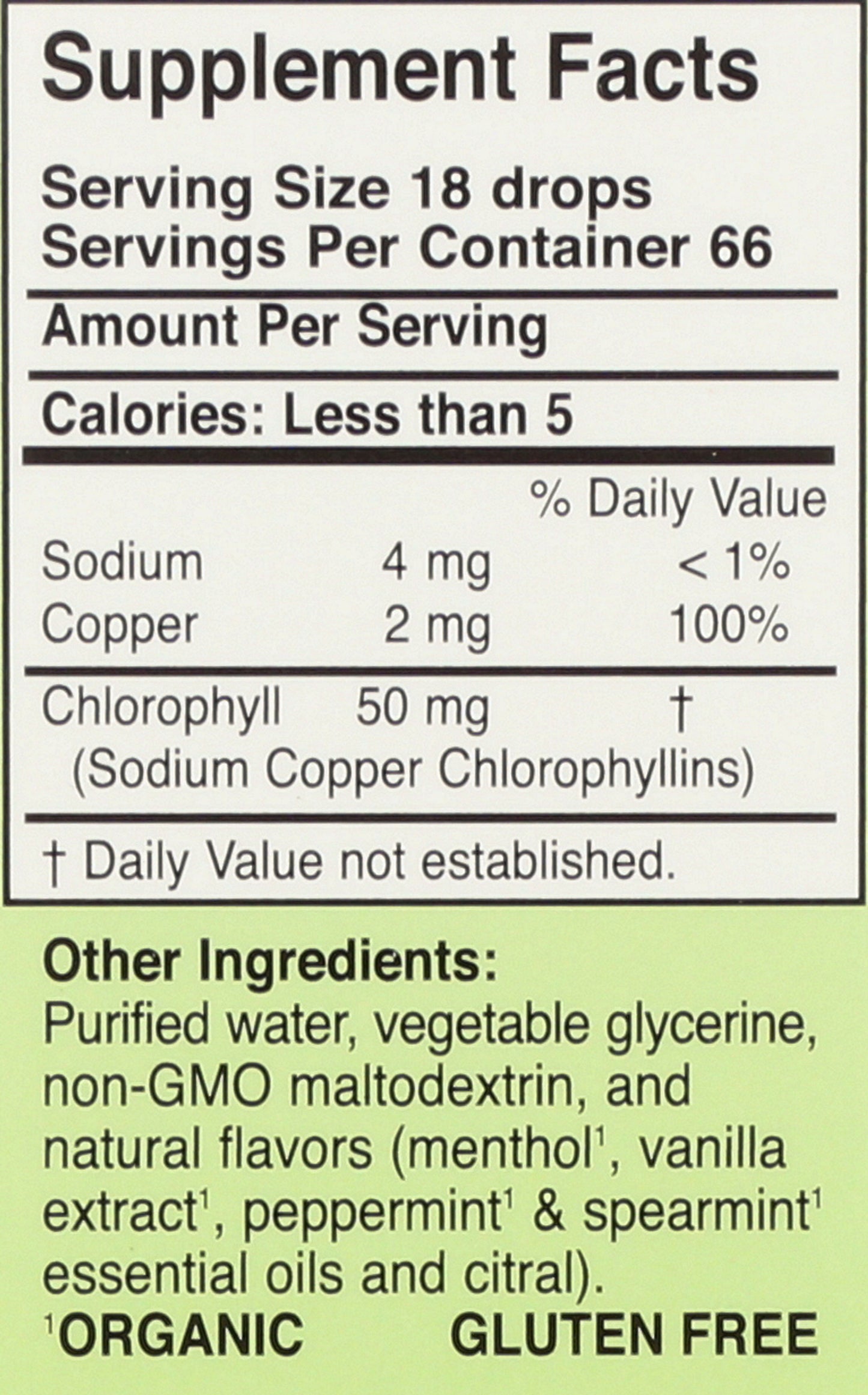 Herbs Etc. ChlorOxygen Mint Flavor 1 Fl. Oz. Back of Box