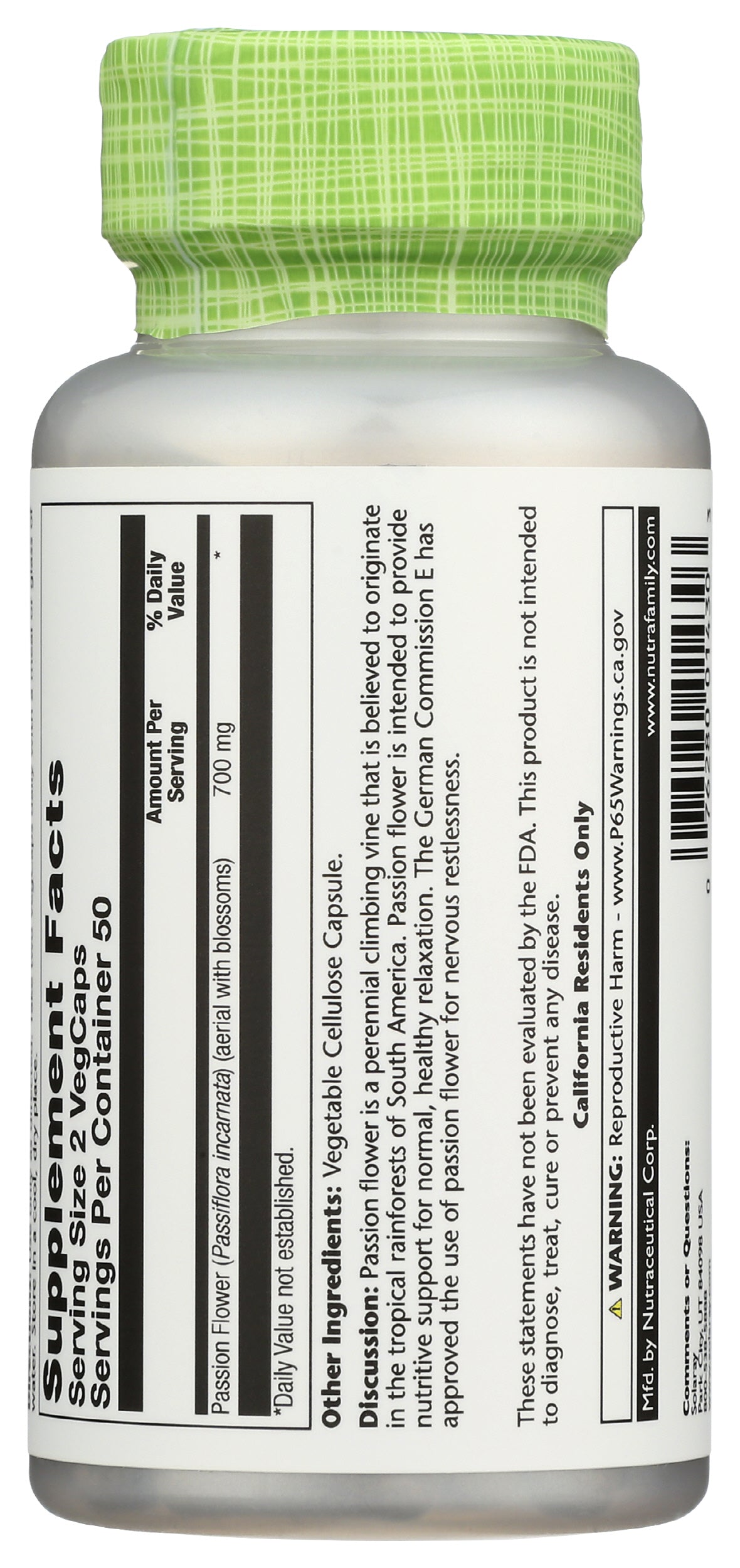 Solaray Passion Flower 700 mg 100 VegCaps Back of Bottle