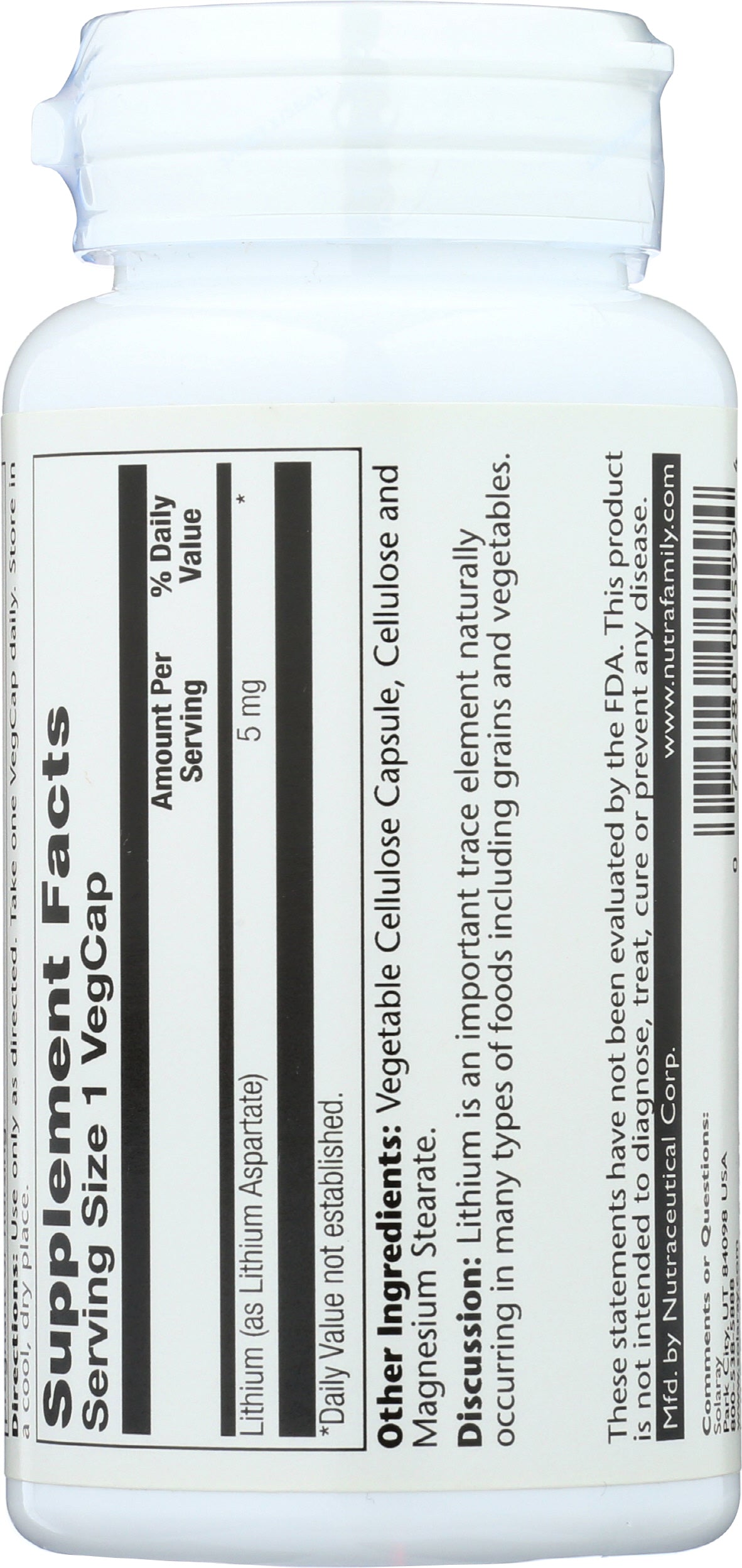 Solaray Lithium Aspartate 5mg 100 VegCaps Back of Bottle