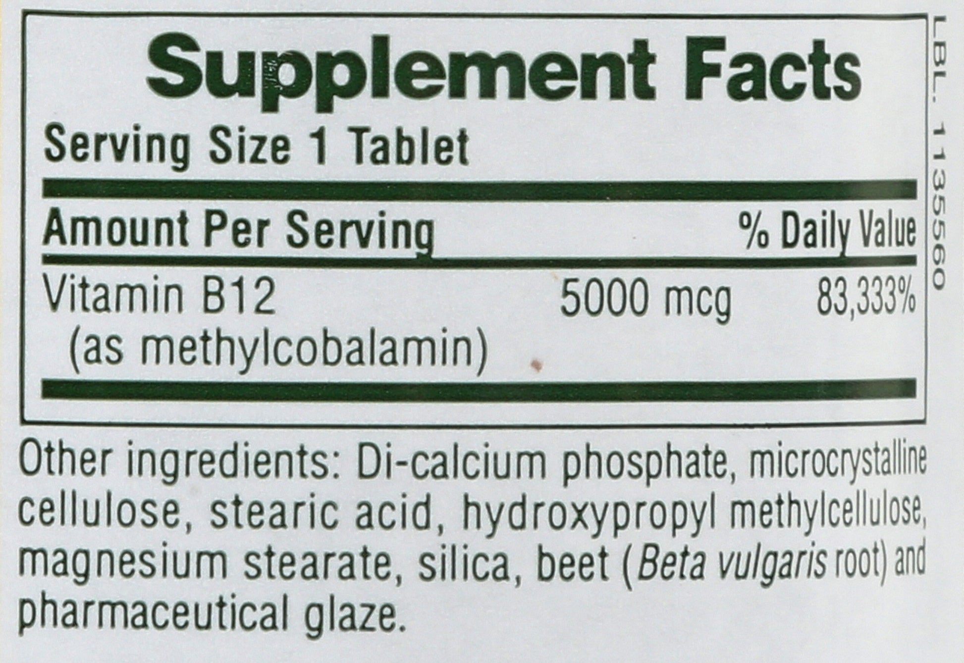 NaturesPlus Shot-O-B12 5000 mcg 30 Tablets Back of Bottle