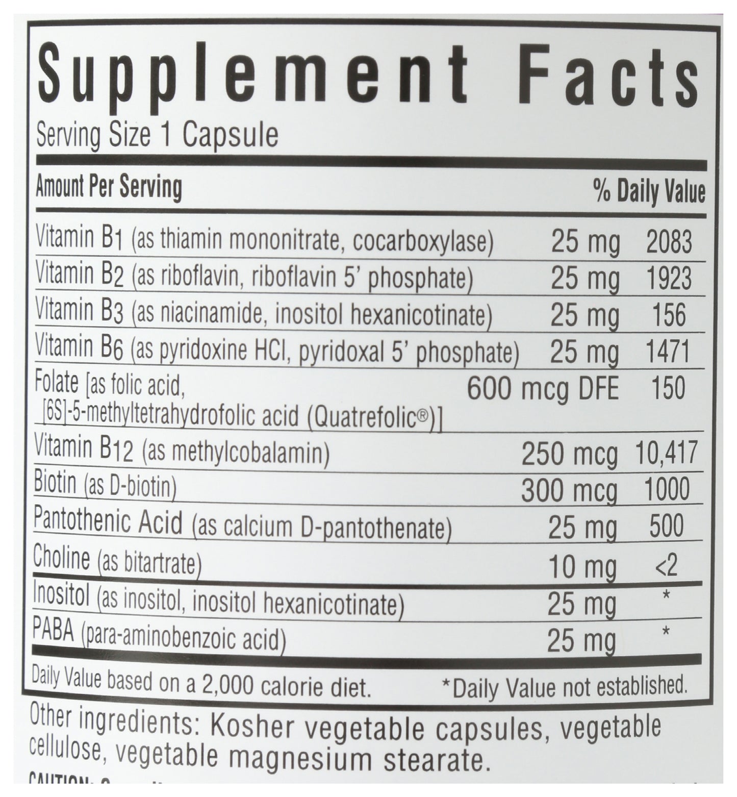 Bluebonnet Coenzyme B-Complex 100 Vegetable Capsules Back of Bottle