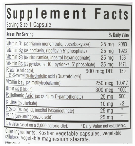 Bluebonnet Coenzyme B-Complex 100 Vegetable Capsules Back of Bottle