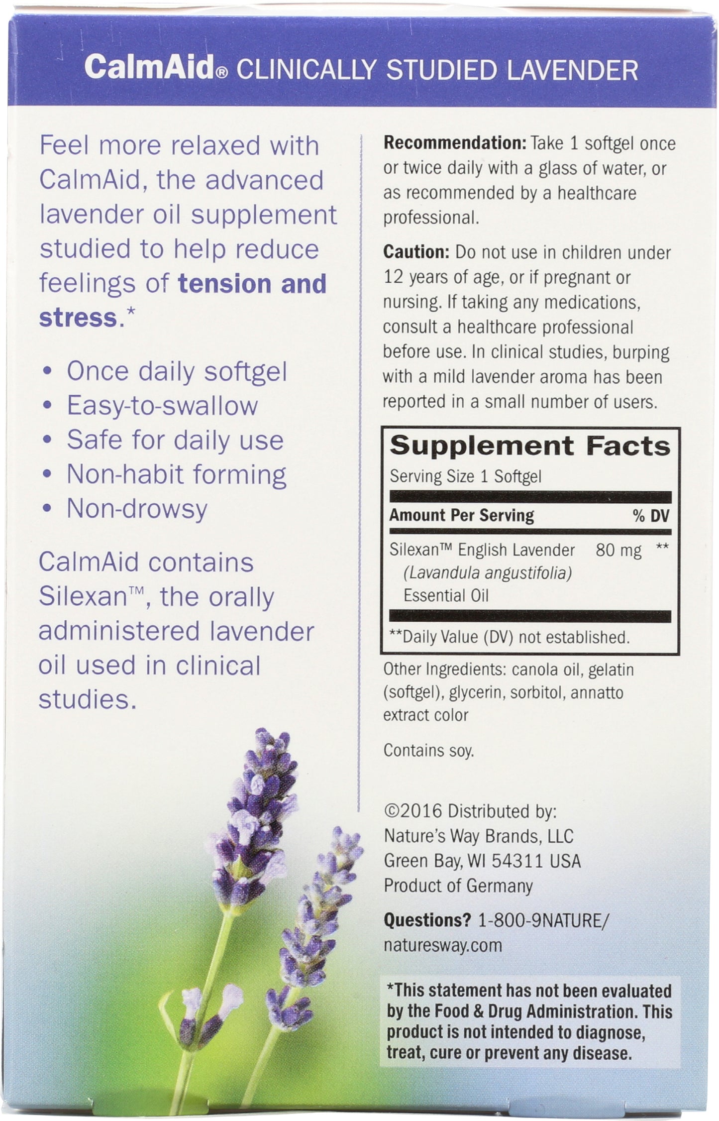Nature's Way Calm Aid 30 Soft Gels Back of Box