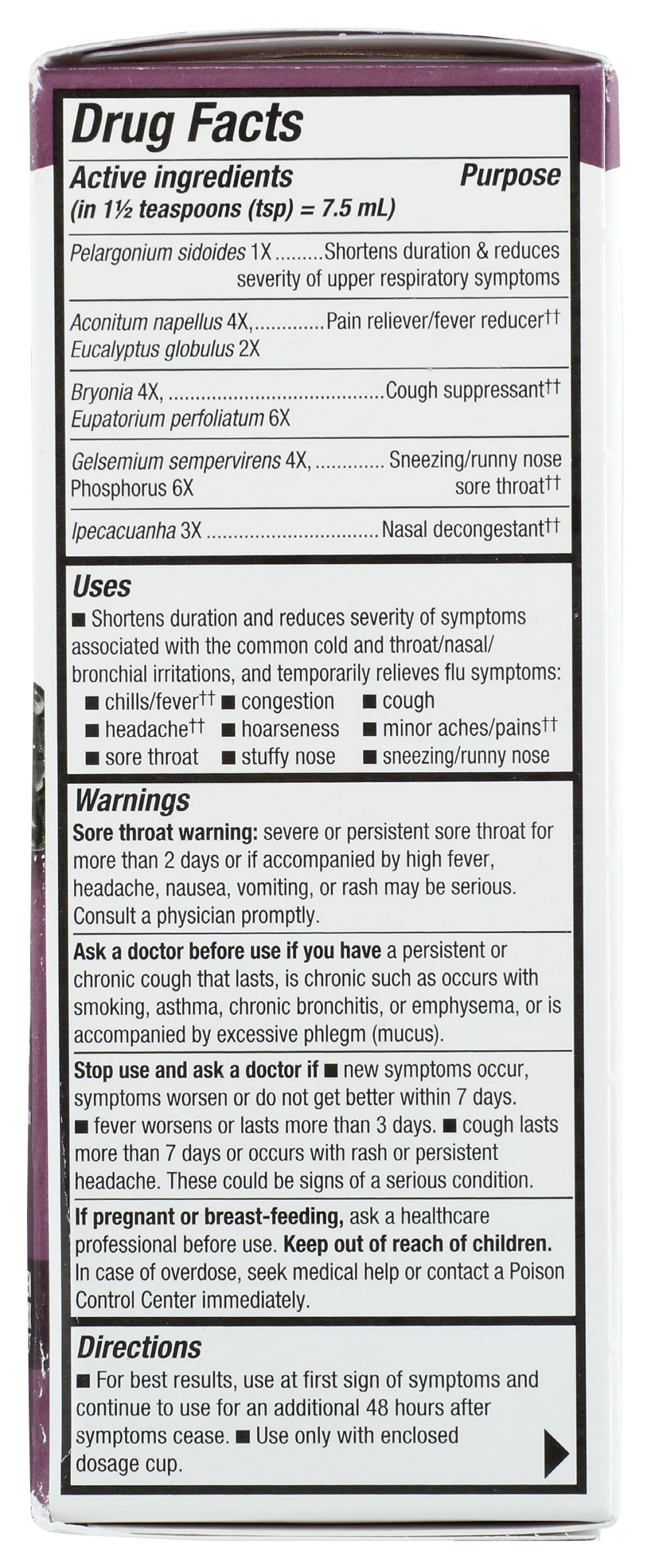 Nature's Way Umcka Cold + Flu 4 fl oz Back of Box