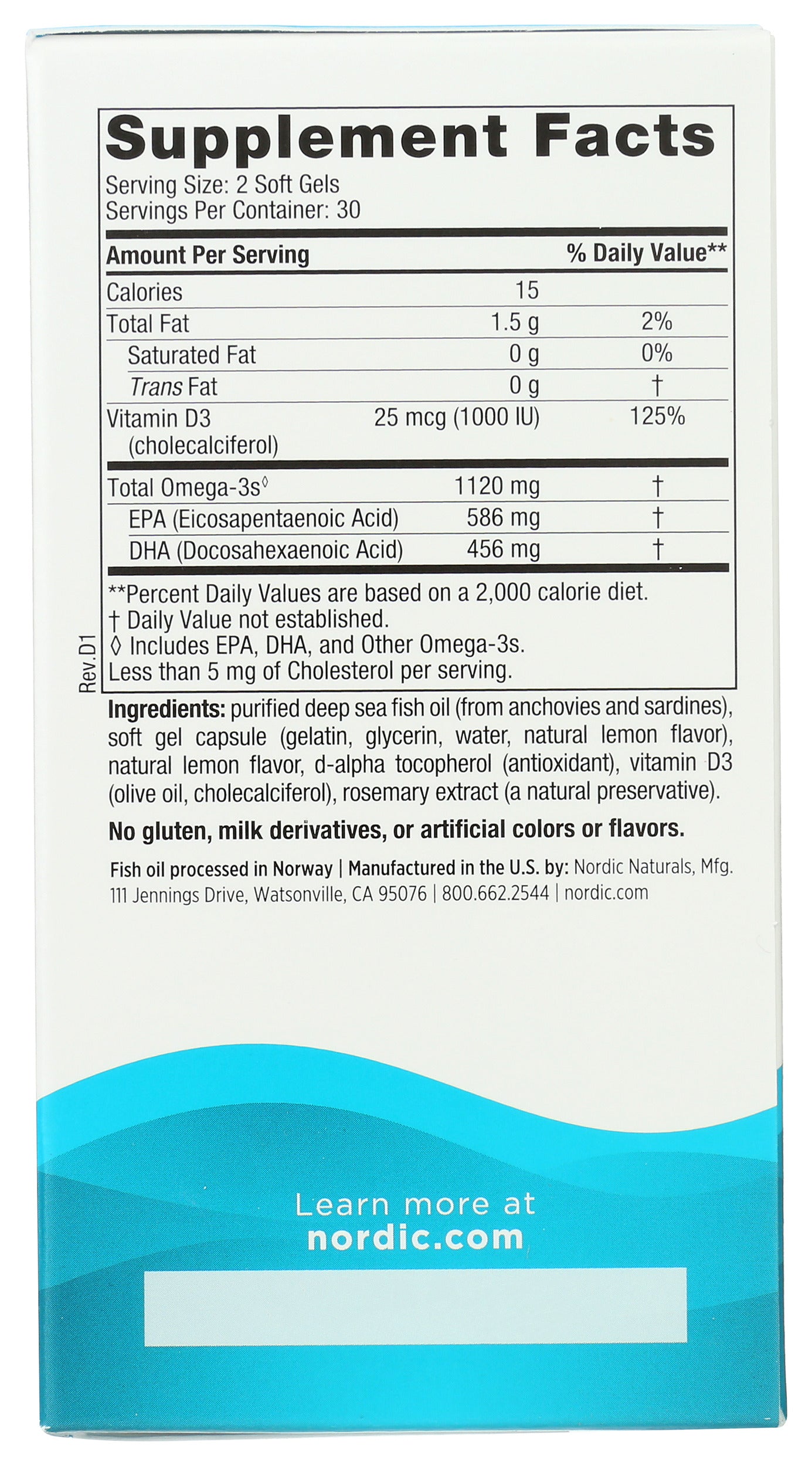Nordic Naturals Ultimate Omega-D3 2X 1120mg + 1000 IU Vitamin D3 Back of Box