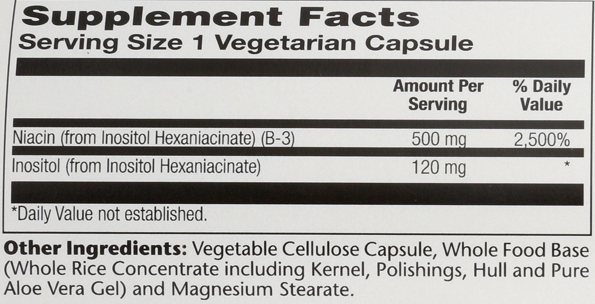 Solaray No Flush Niacin 500mg 100 VegCaps Back of Bottle