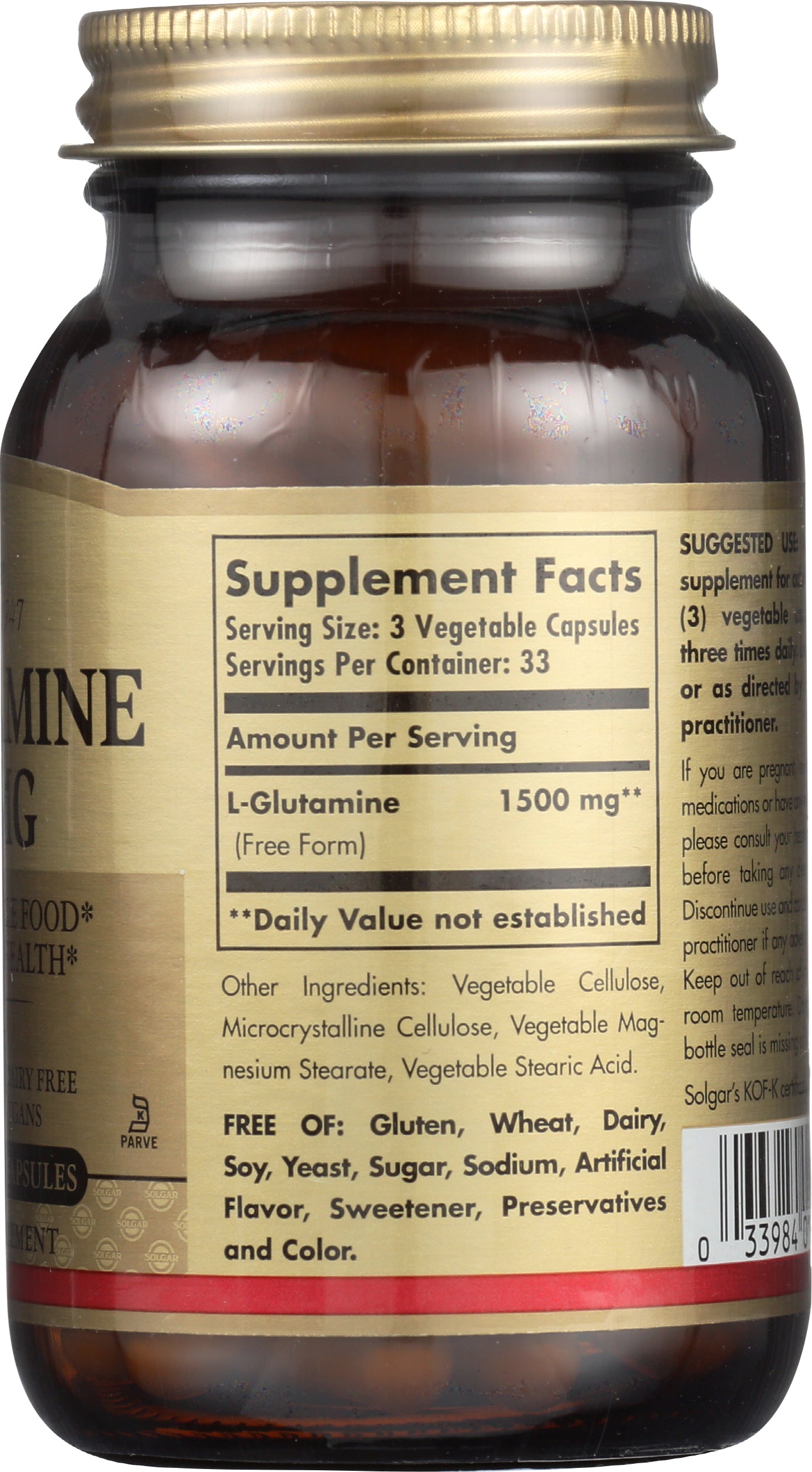 Solgar L-Glutamine 500 mg 100 Vegetable Capsules Back