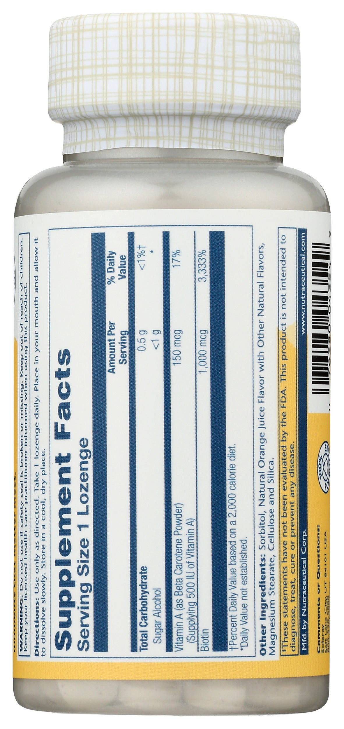 Solaray Biotin 1000mcg 100 Lozenges Back of Bottle