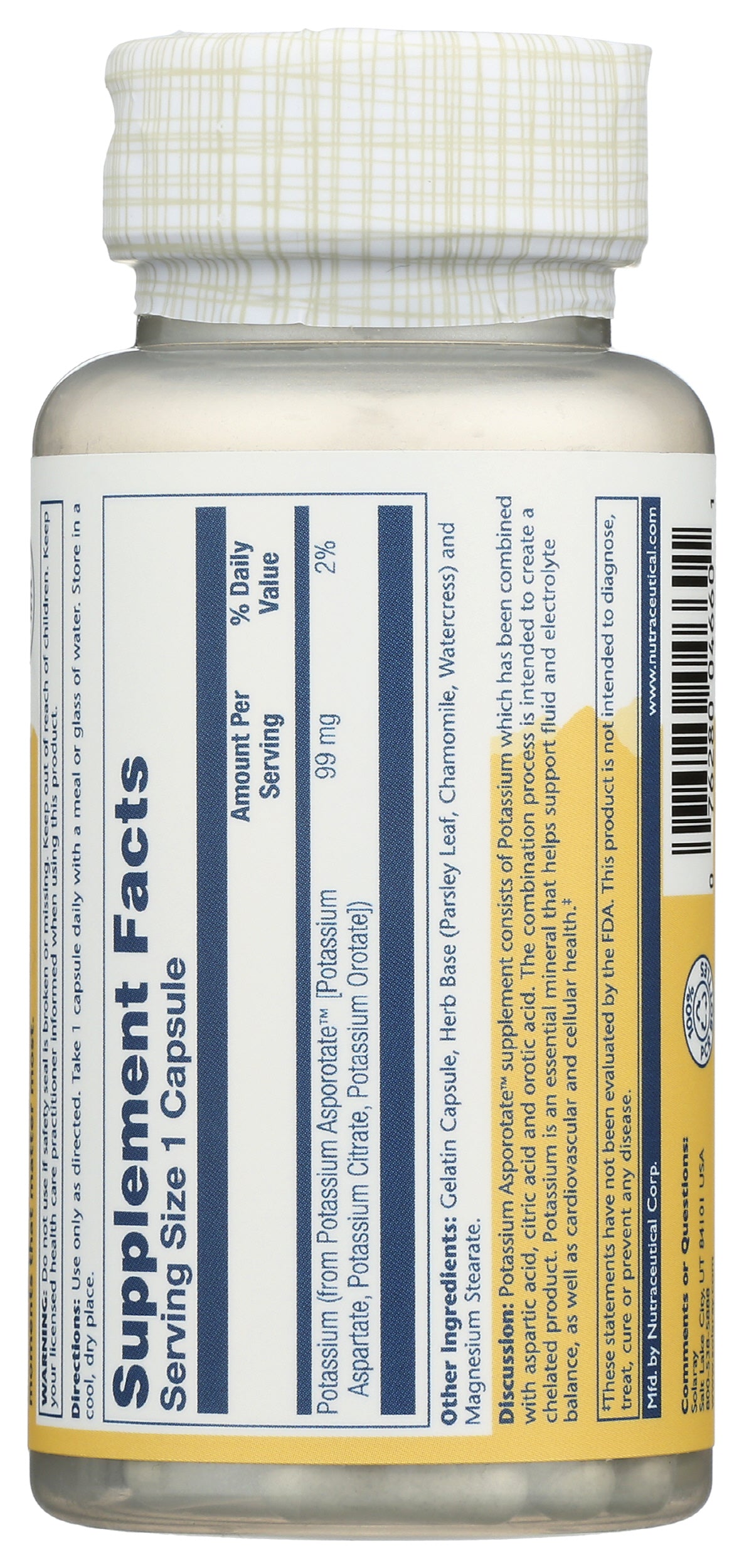 Solaray Potassium Asporotate 99mg 100 Capsules Back of Bottle