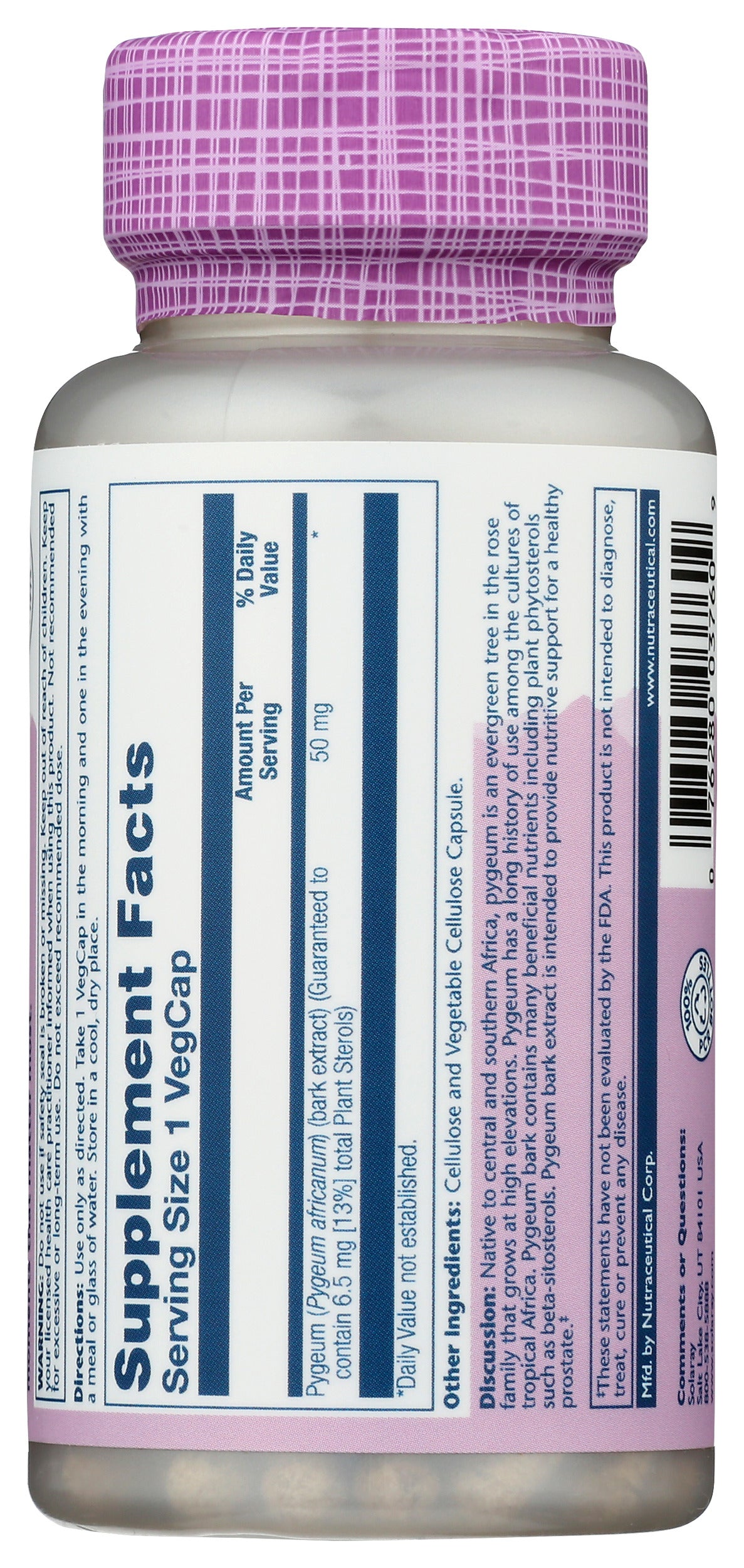 Solaray Pygeum Bark Extract 50mg 60 VegCaps Back of Bottle