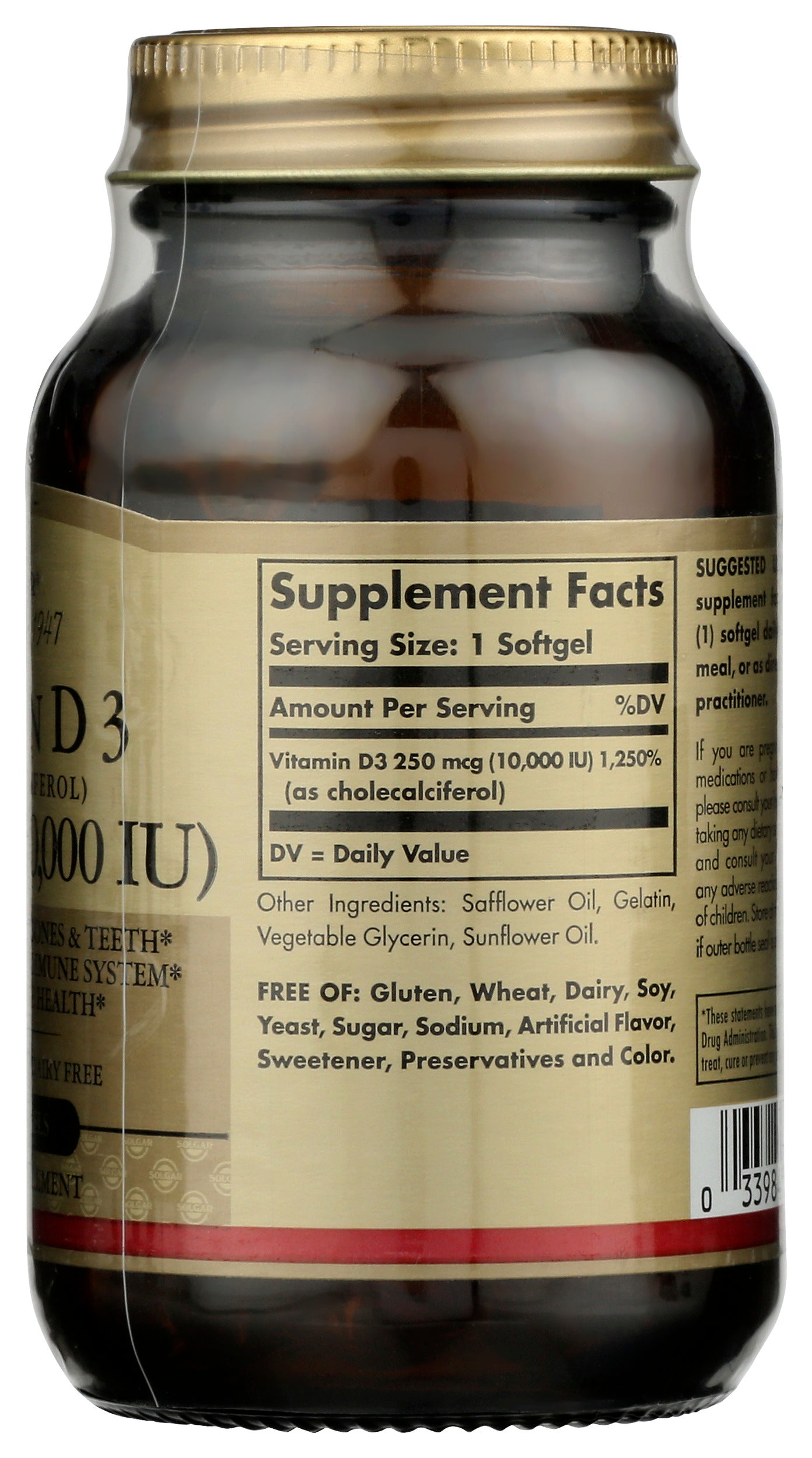 Solgar Vitamin D3 10,000 IU 120 Soft Gels Back of Bottle
