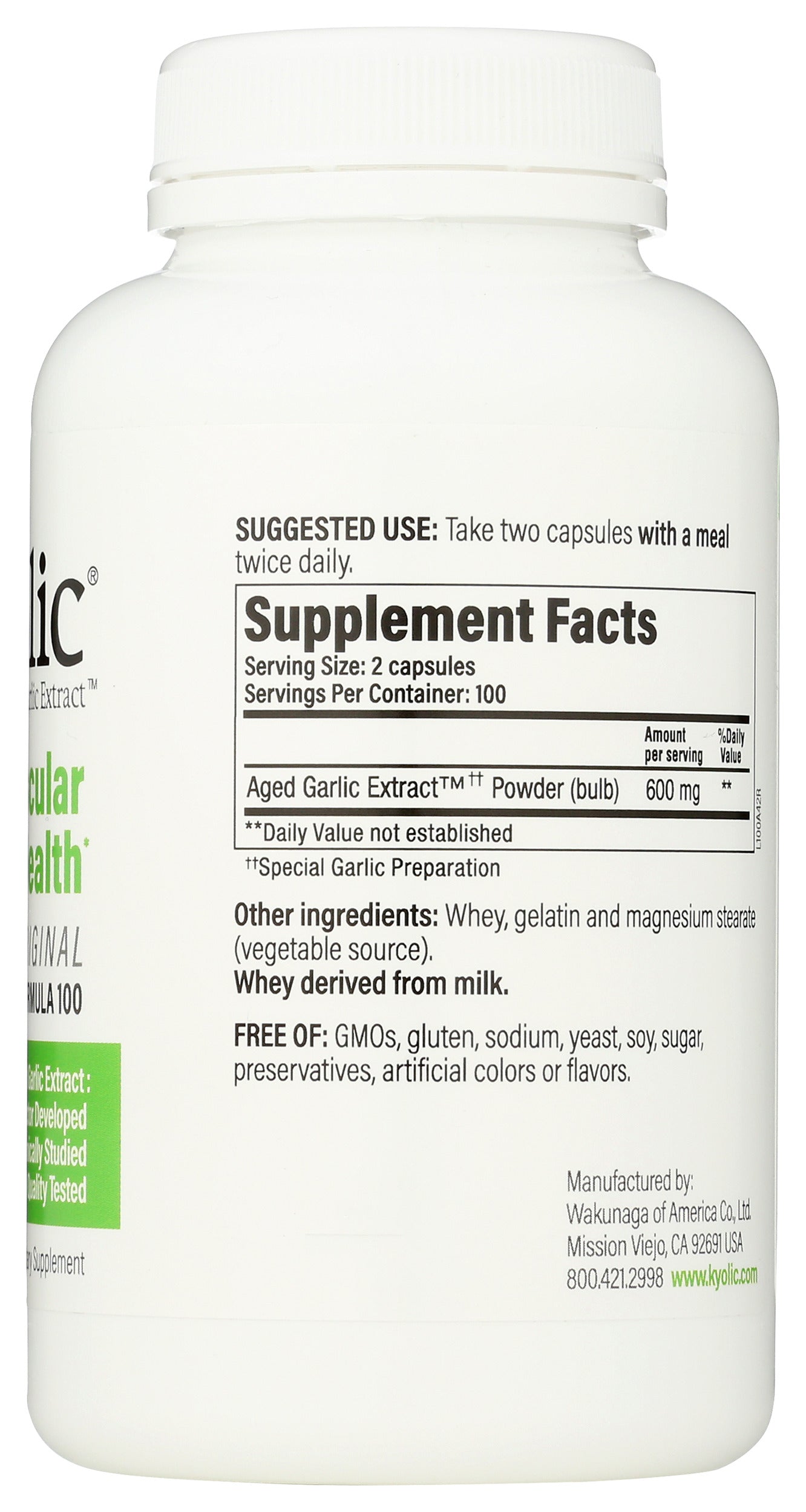 Wakunaga Kyolic Aged Garlic Extract Cardiovascular Health Formula 100 200 Capsules Back