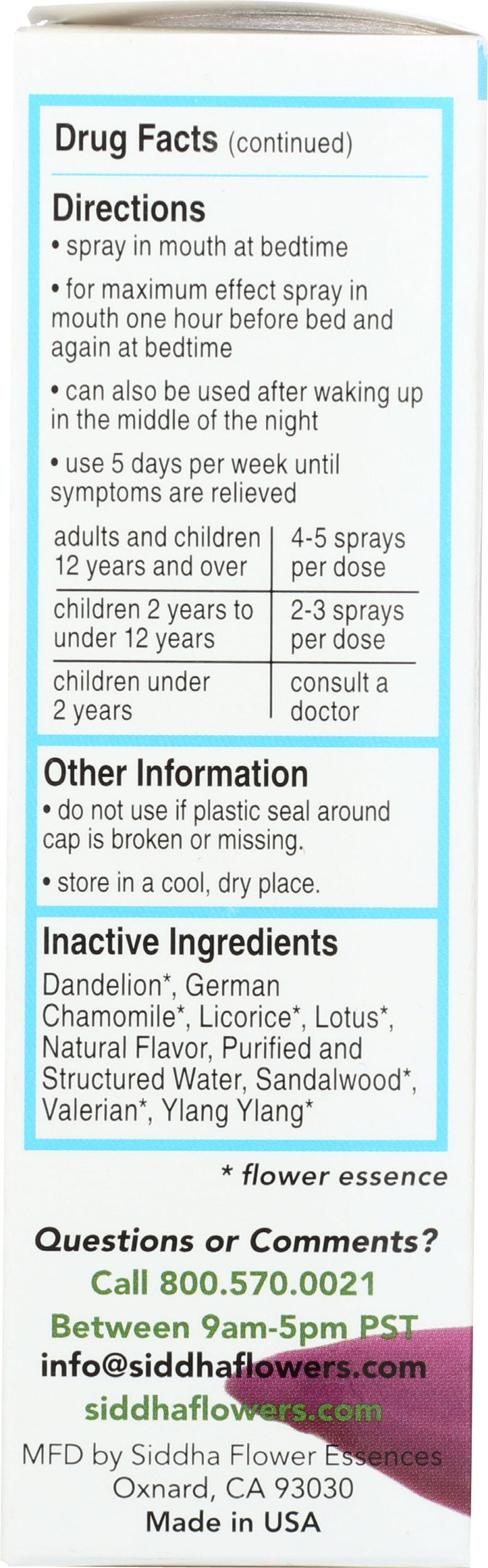 Siddha Remedies Sleep 1 Fl. Oz. Back of Box