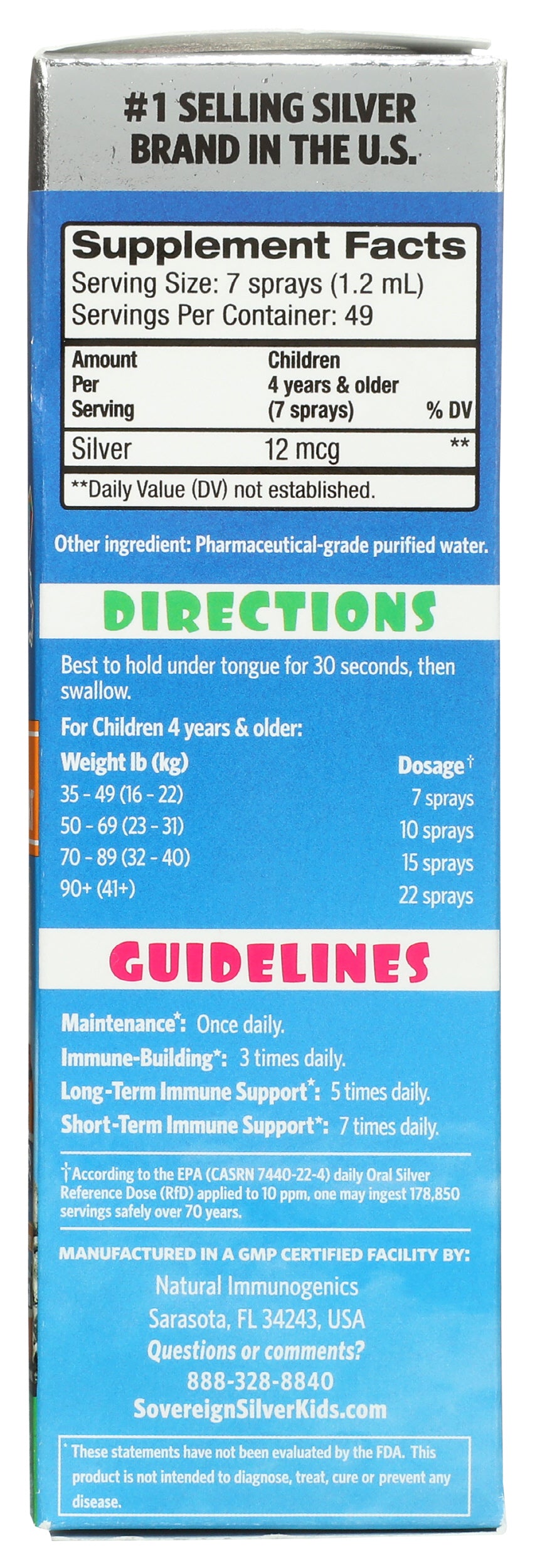 Sovereign Silver Kids Bio-Active Silver Hydrosol Spray 2 Fl. Oz. Back of Box