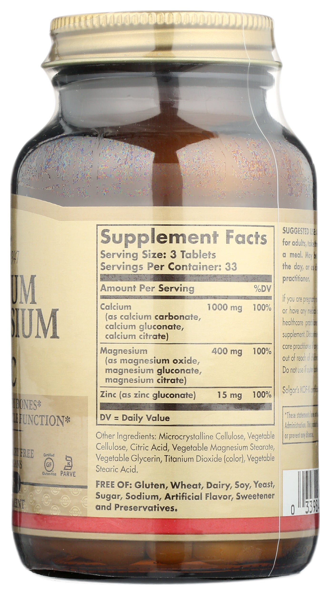 Solgar Calcium Magnesium plus Zinc 100 Tablets Back of Bottle