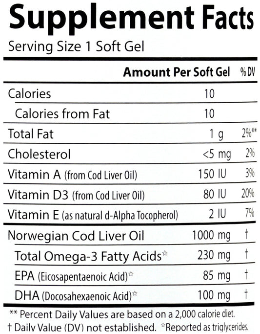 Carlson Cod Liver Oil 230 mg Back of Bottle