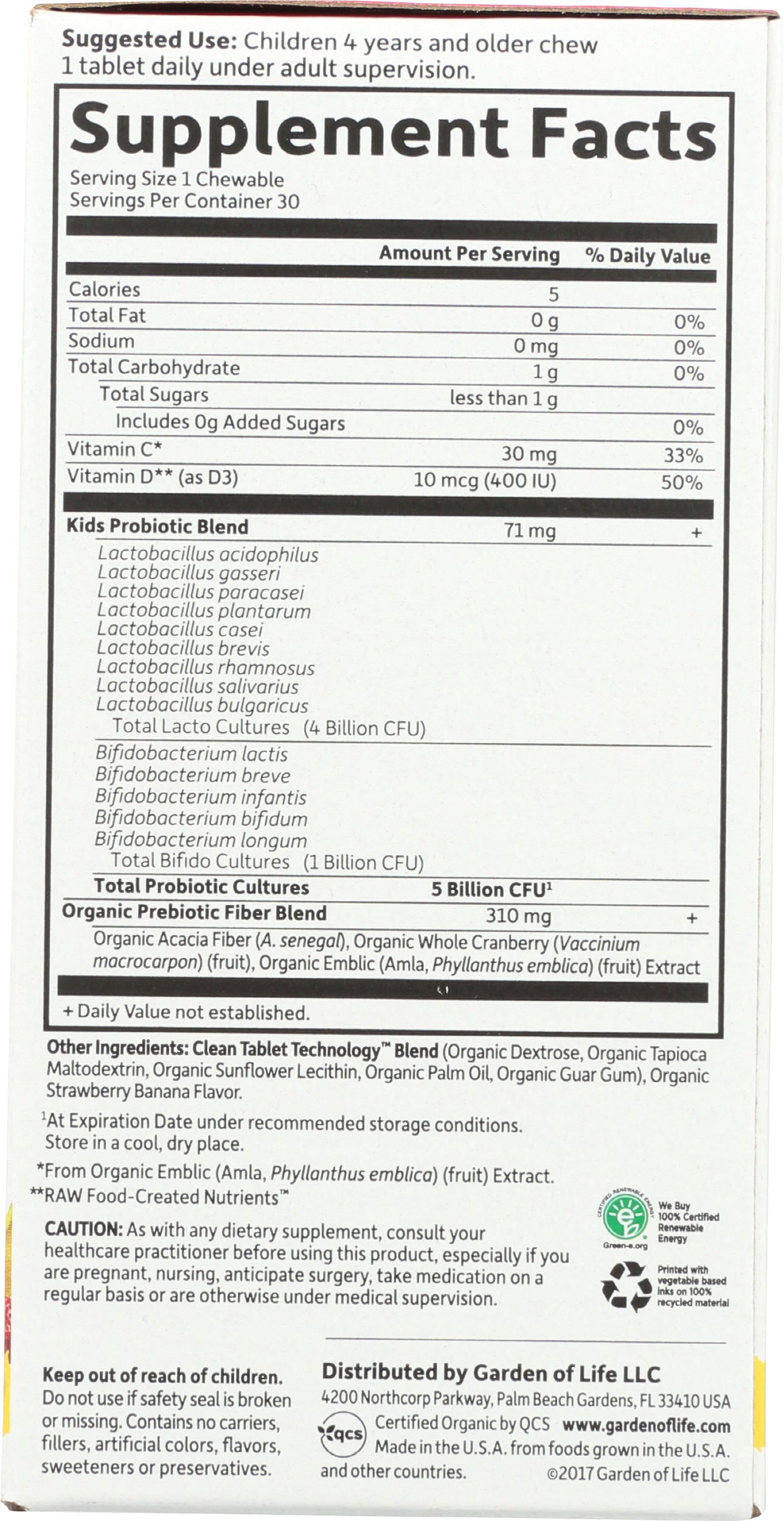 Garden of Life Organic Kids+ Probiotics Strawberry Banana Flavor 30 Chewables Back