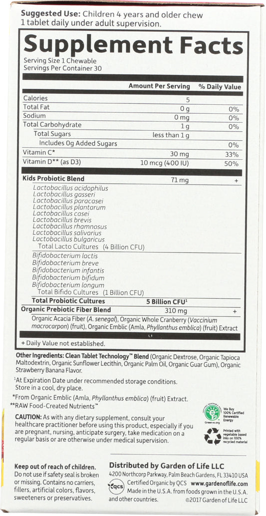 Garden of Life Organic Kids+ Probiotics Strawberry Banana Flavor 30 Chewables Back