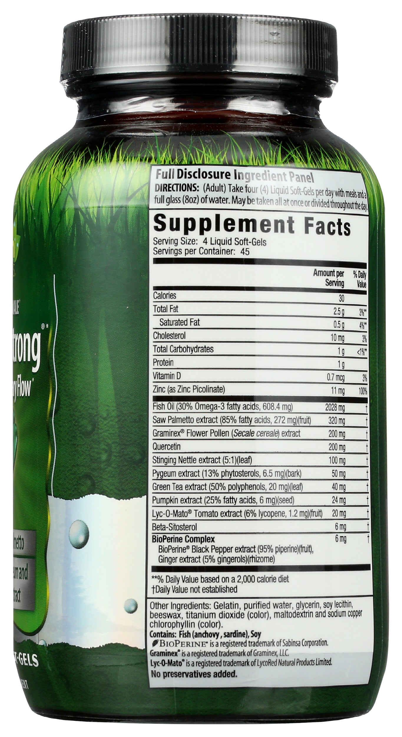 Irwin Naturals Prosta-Strong 180 Liquid Soft Gels Back of Bottle