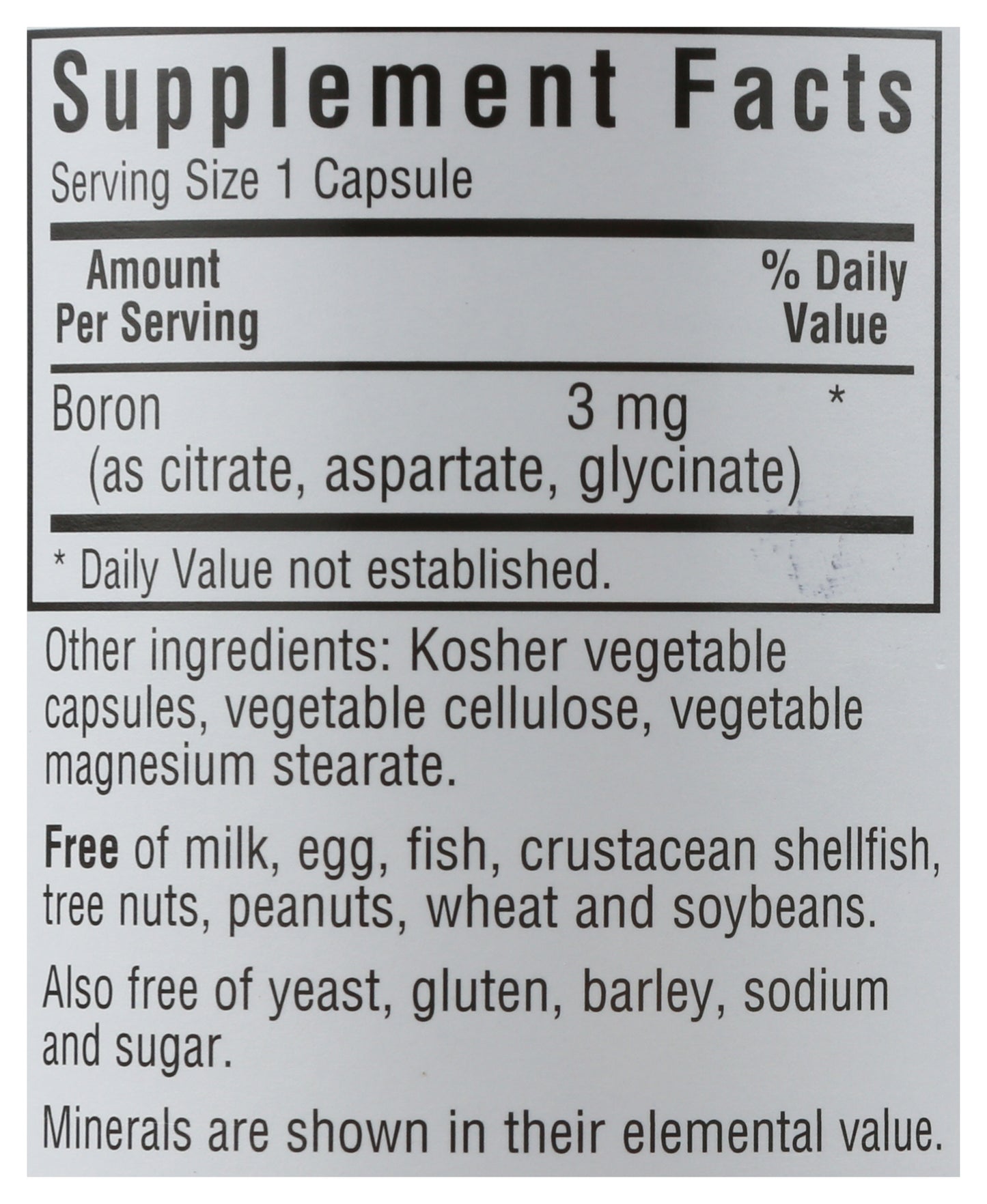 Bluebonnet Triple Boron 90 Vegetable Capsules Back of Bottle