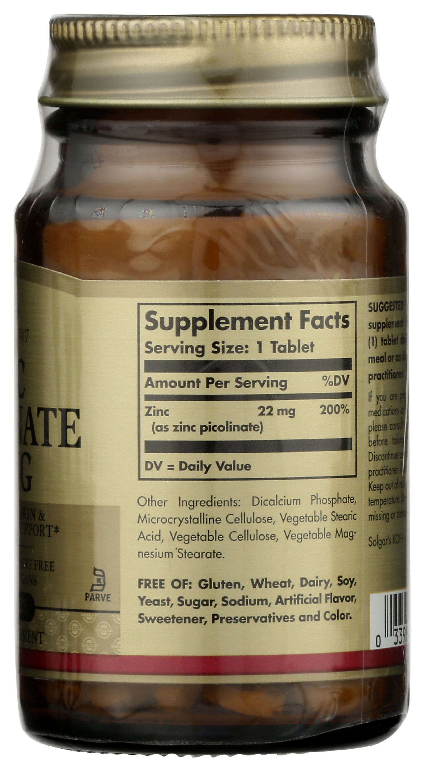 Solgar Zinc Picolinate 22mg 100 Tablets Back of Bottle