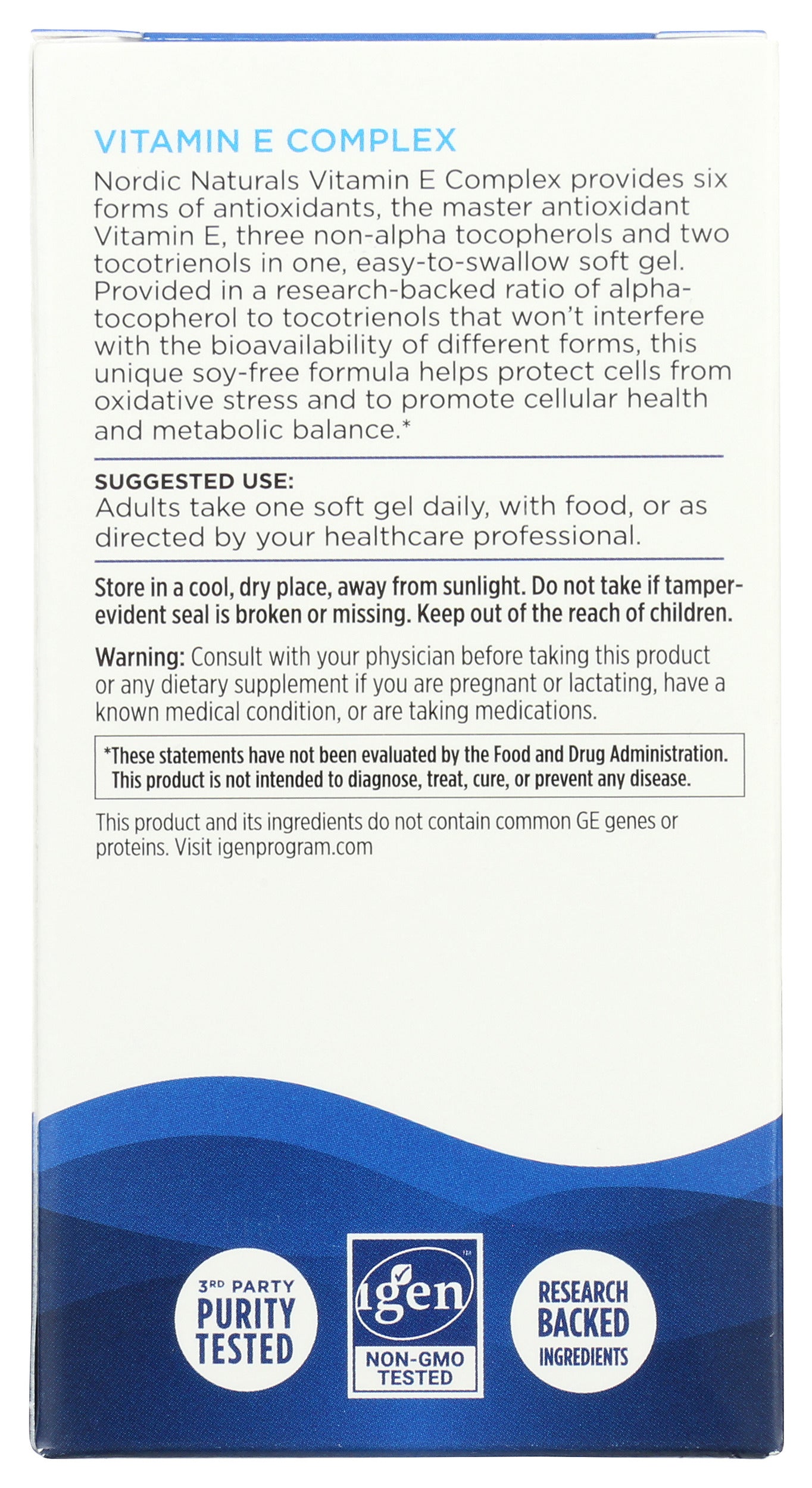 Nordic Naturals Vitamin E Complex 30 Soft Gels Back of Box