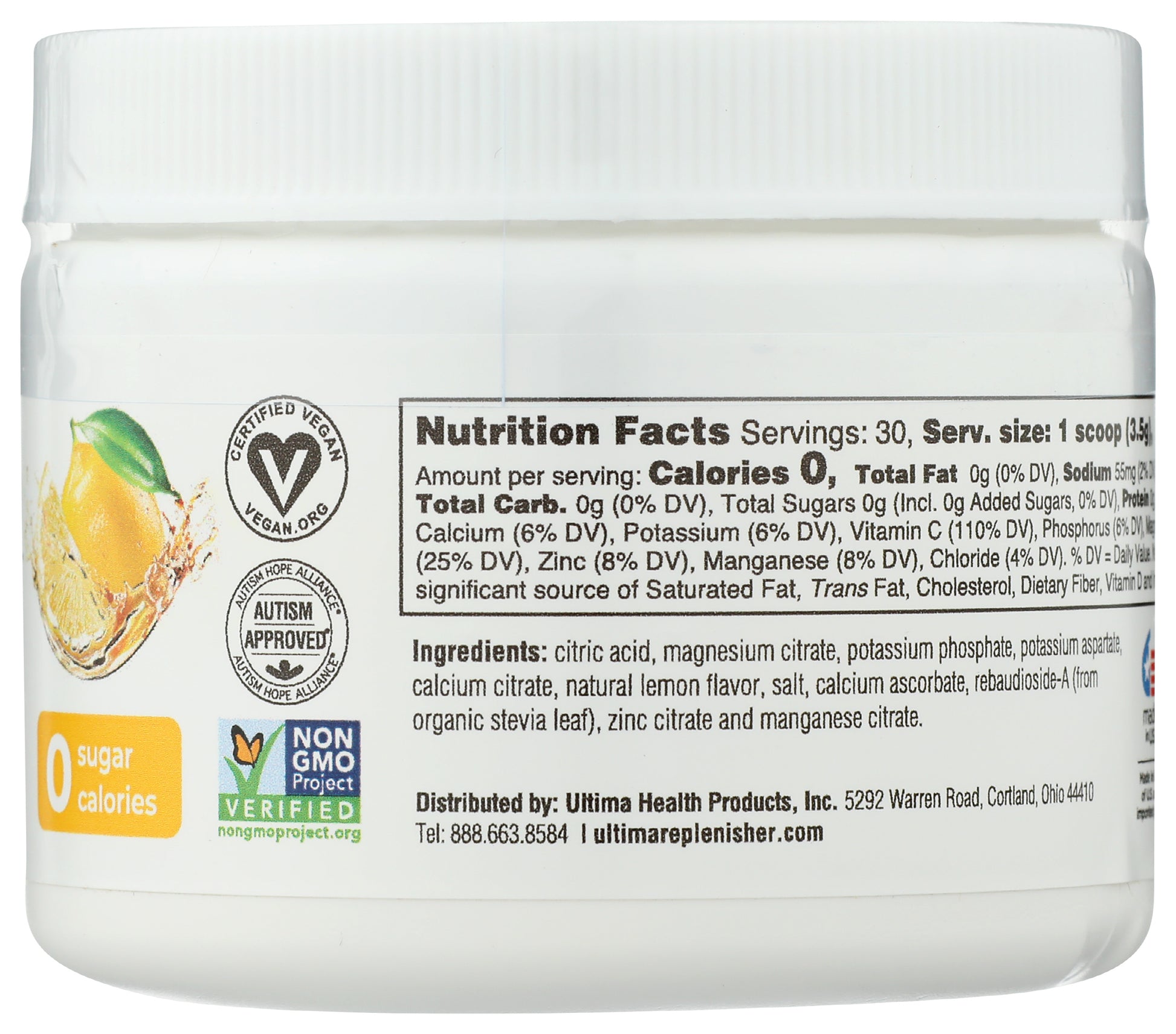 Ultima Replenisher Electrolyte Mix Lemonade Flavor 105g Back of Bottle
