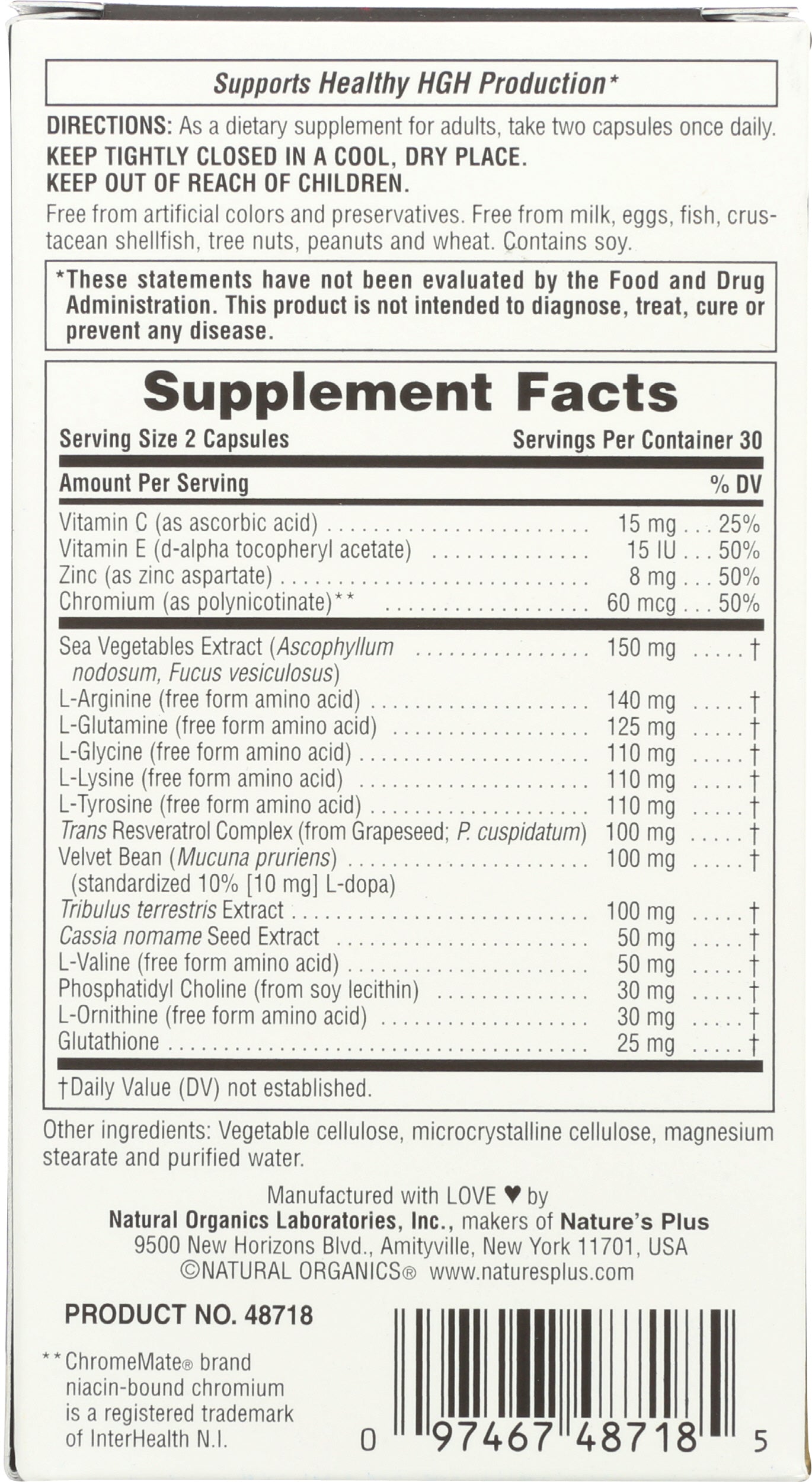Natures Plus GH Male 60 Vegetarian Capsules Back of Bottle