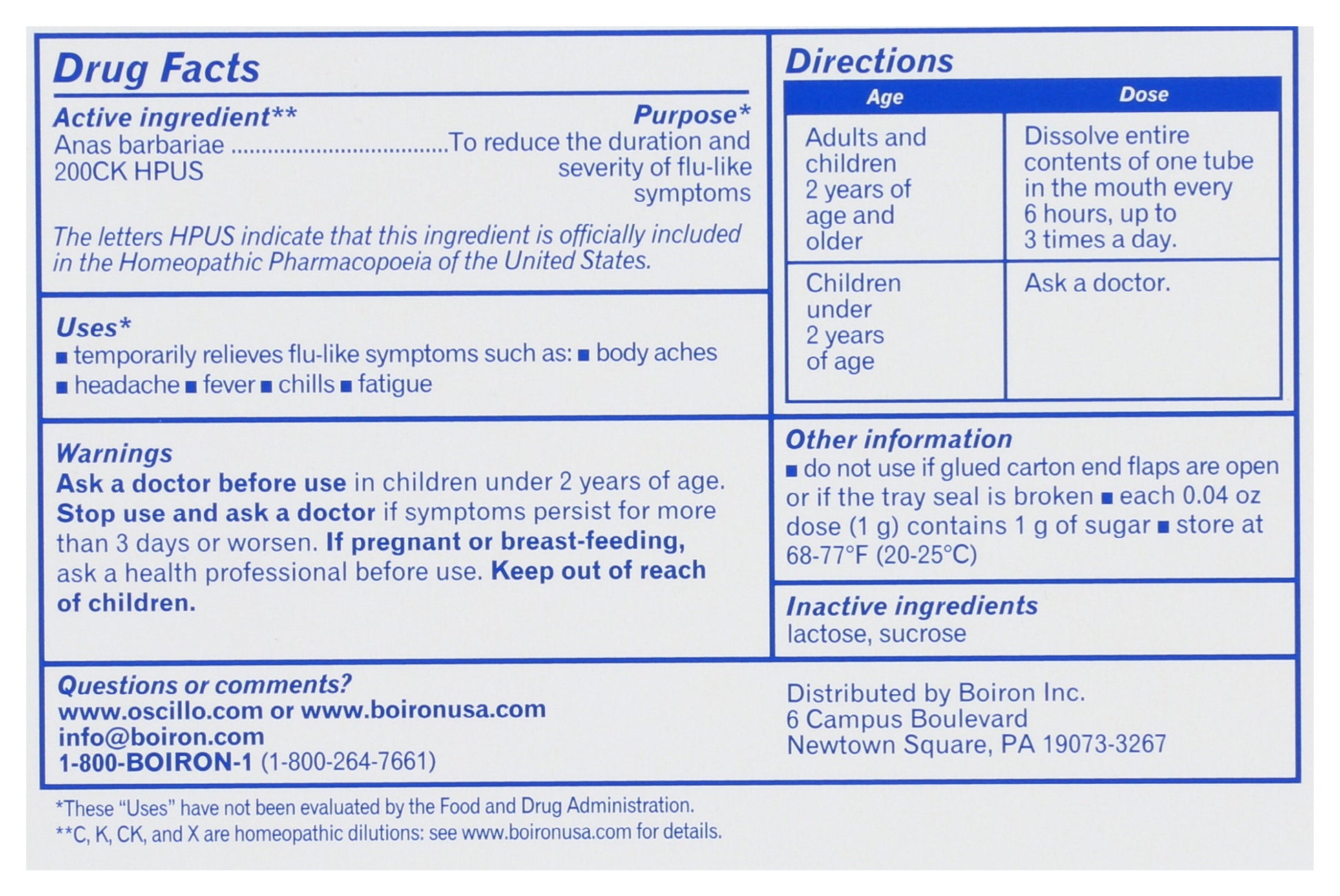 Boiron Oscillococcinum 6 Doses Back of Box