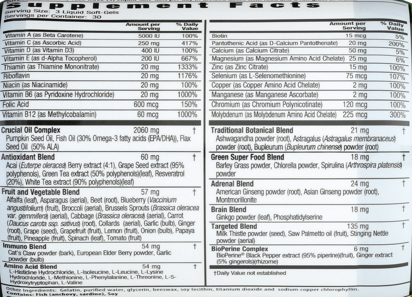 Irwin Naturals Men's Living Green Multi 90 Liquid Soft Gels Back of Bottle