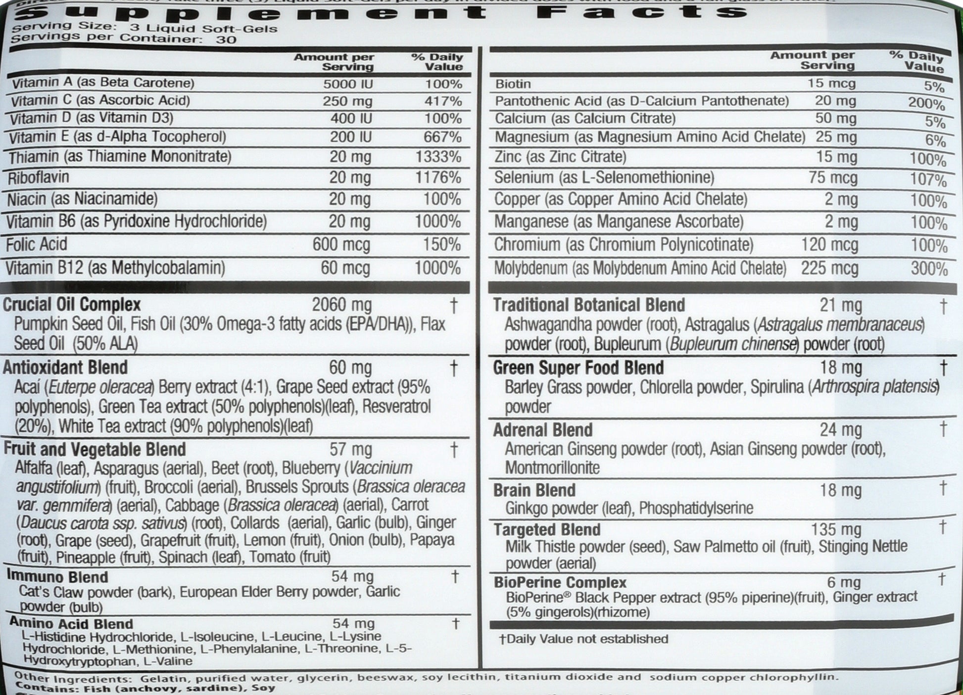 Irwin Naturals Men's Living Green Multi 90 Liquid Soft Gels Back of Bottle