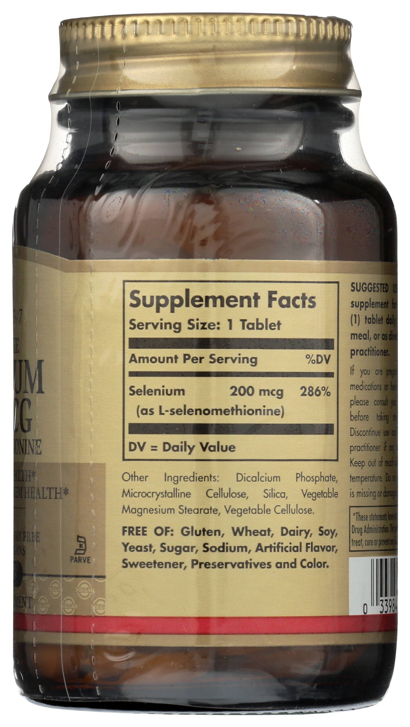 Solgar Yeast-Free Selenium 200mcg 100 Tablets Back of Bottle