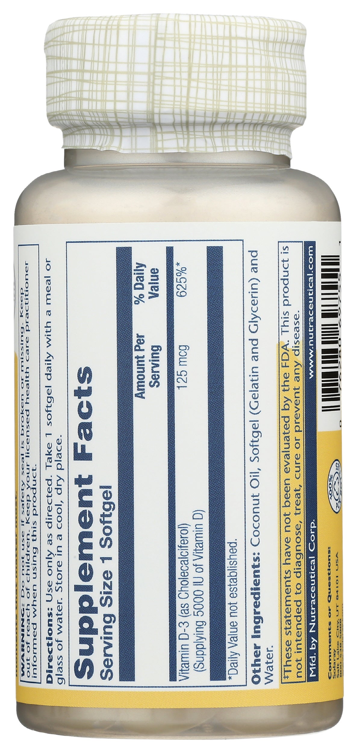 Solaray Super Bio Vitamin D-3 in Coconut Oil 125 mcg 120 Soft Gels Back of Bottle
