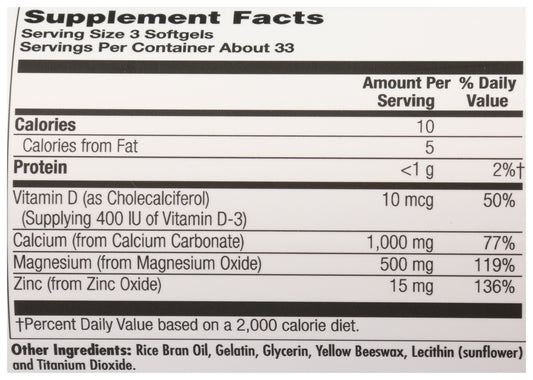 KAL Calcium+100 Soft Gels Back of Bottle