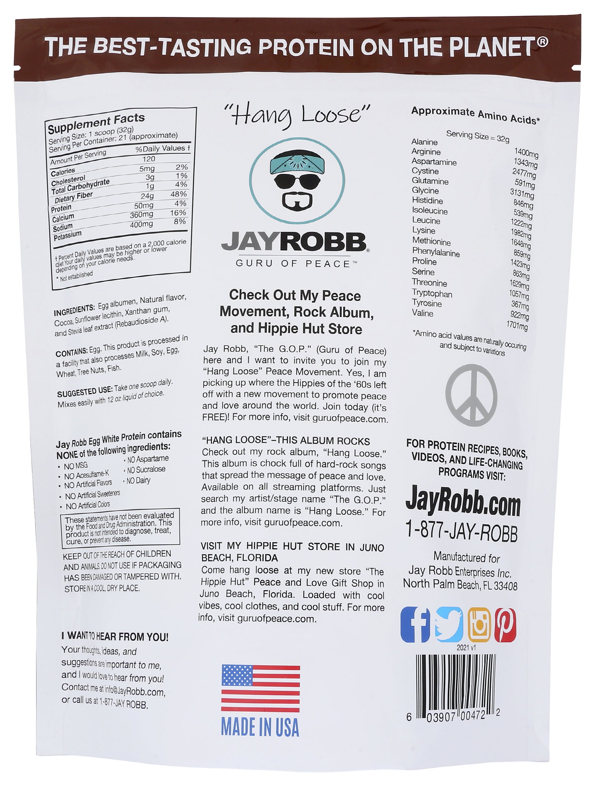 Jay Robb Chocolate Flavored Egg White Protein Powder 24oz Back of Bag