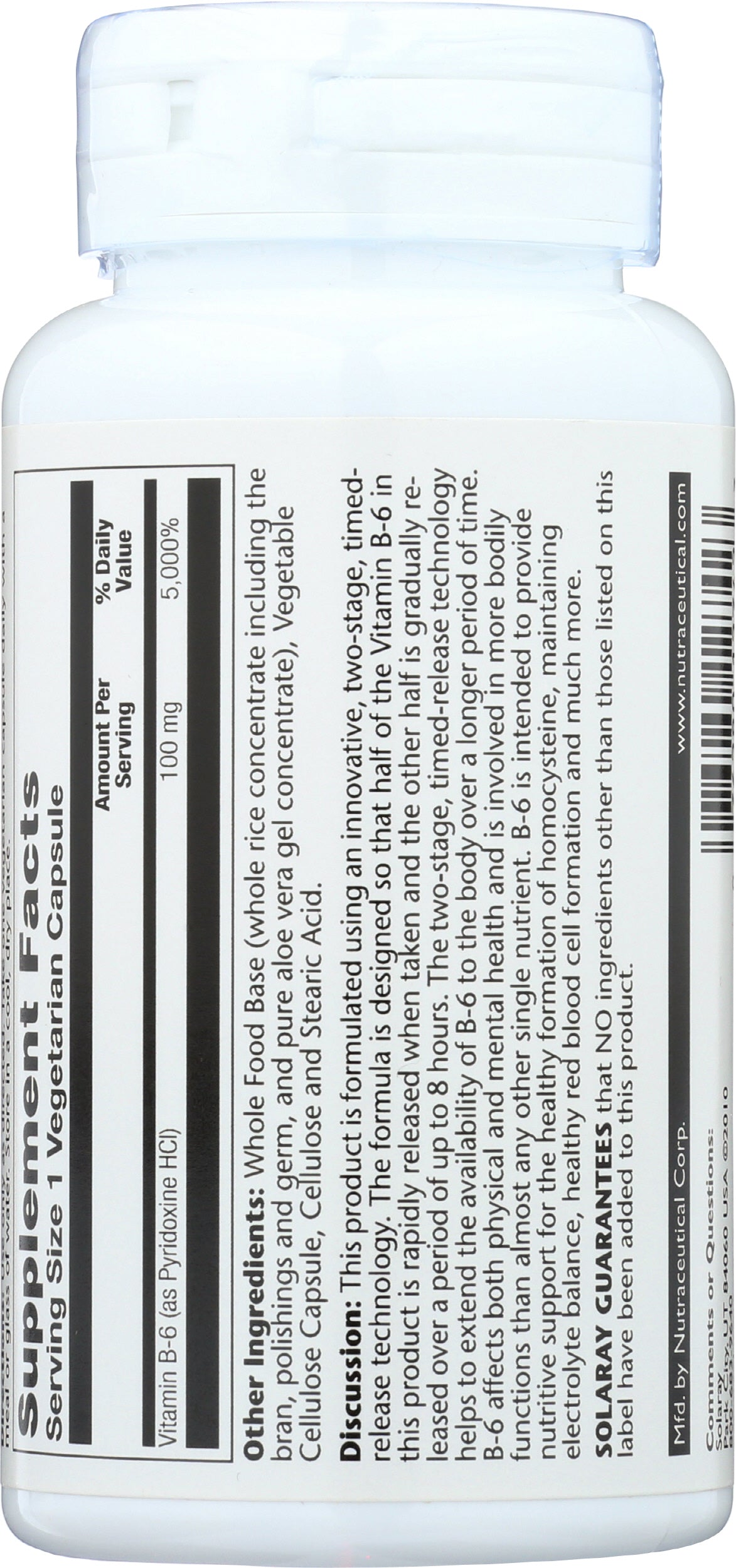 Solaray Timed Release Vitamin B-6 100mg 60 VegCaps Back of Bottle
