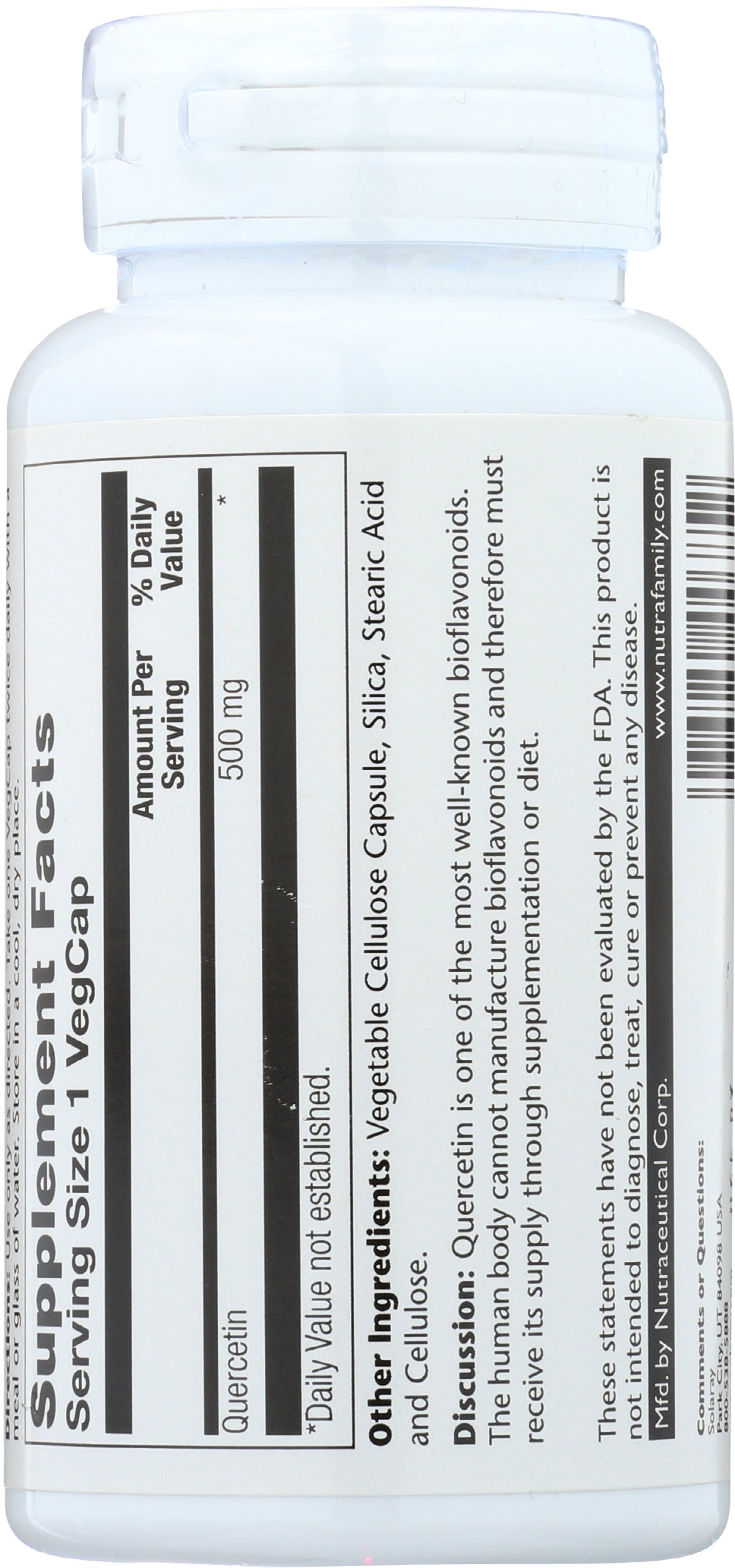 Solaray Quercetin 500mg 90 VegCaps Back of Bottle