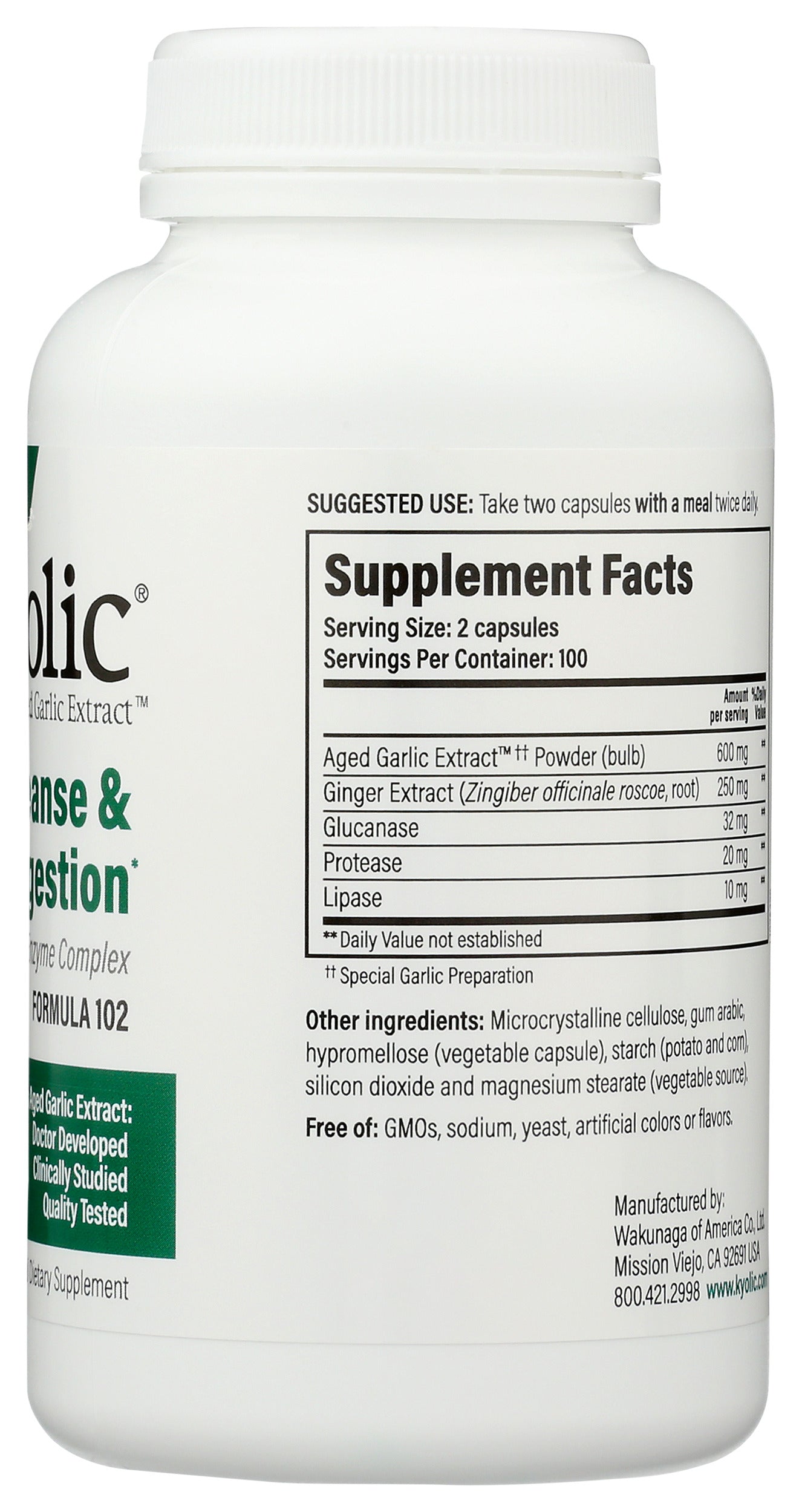 Wakunaga Kyolic Aged Garlic Extract Candida Cleanse & Digestion Formula 102 200 Capsules Back