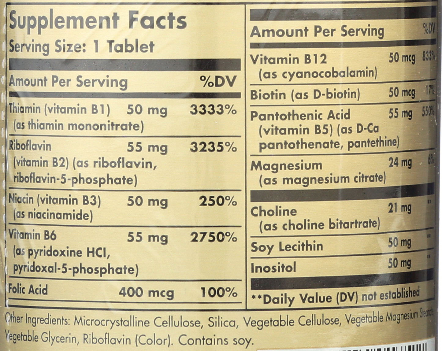Solgar Megasorb B-Complex "50" 100 Tablets Back of Bottle
