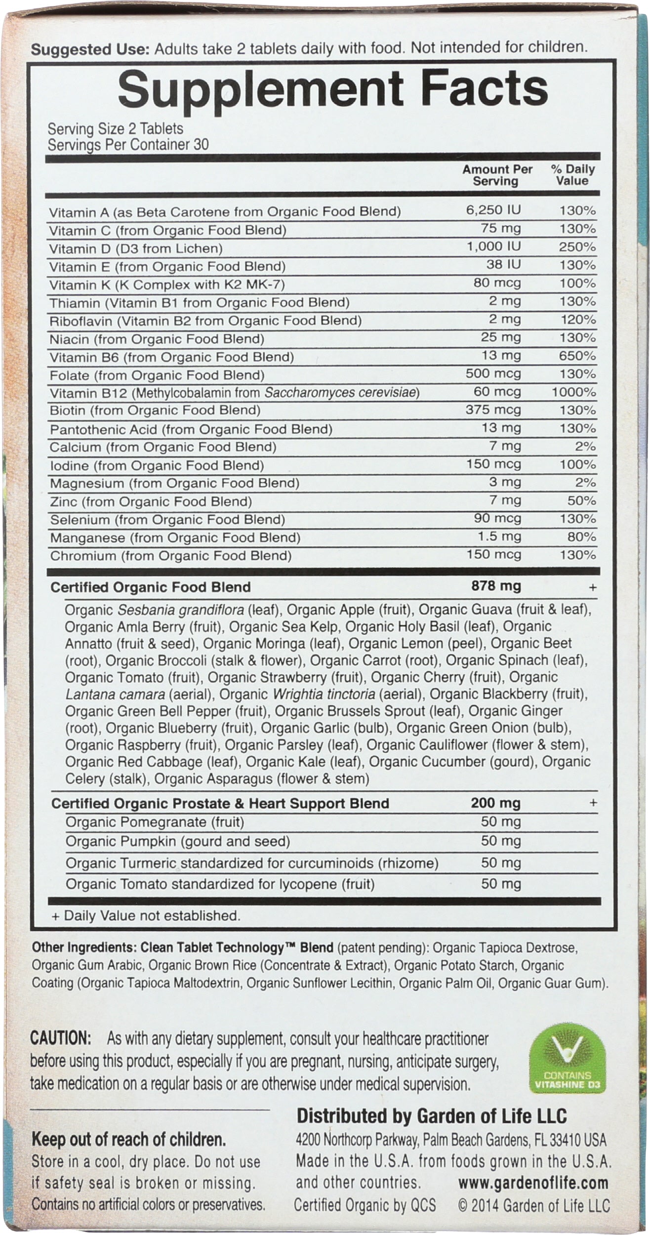Garden of Life MyKind Organics Men's Multi 40+ 60 Vegan Tablets Back of Box