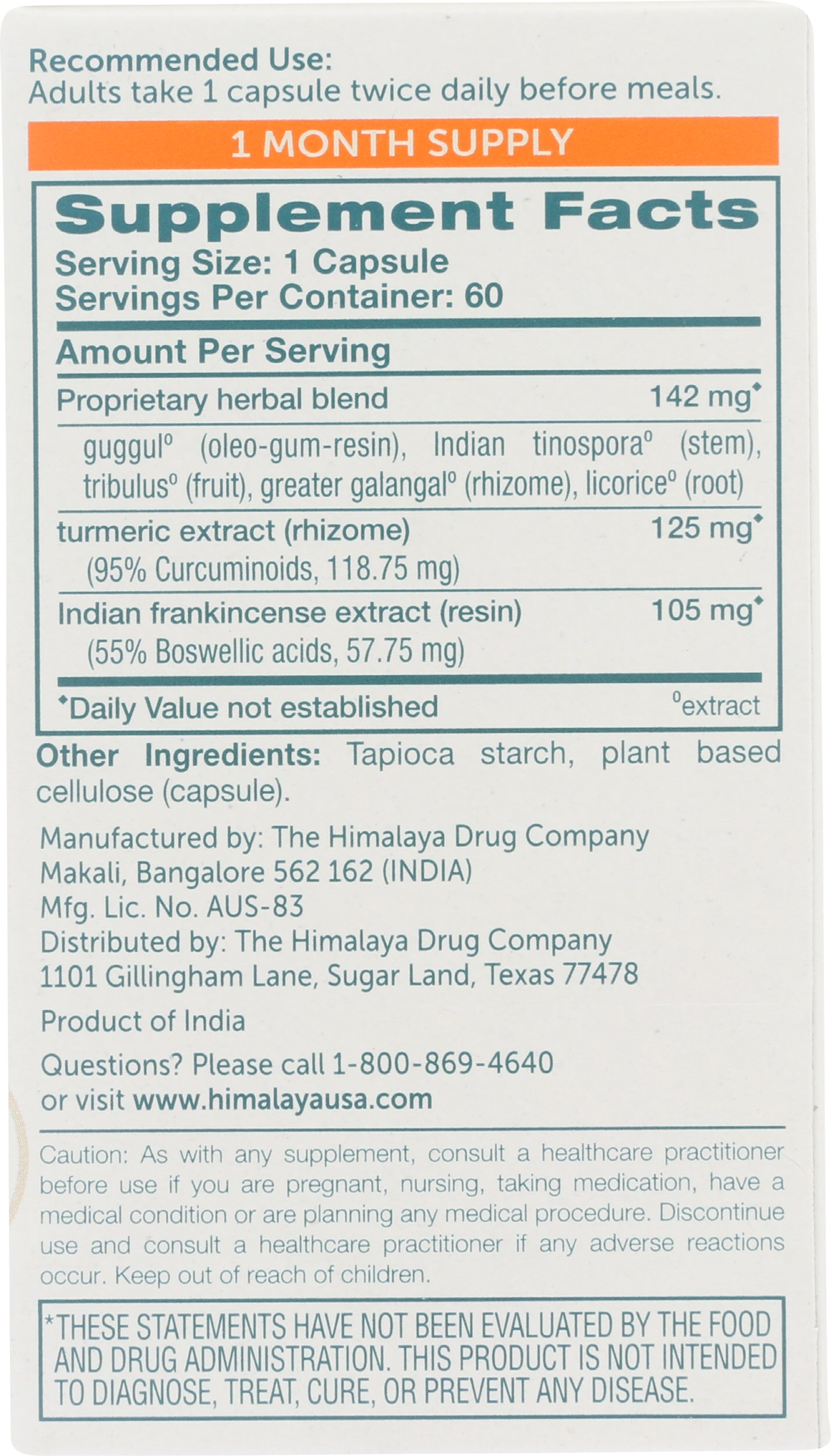 Himalaya Curcumin Complete 60 Vegetarian Capsules Back of Box